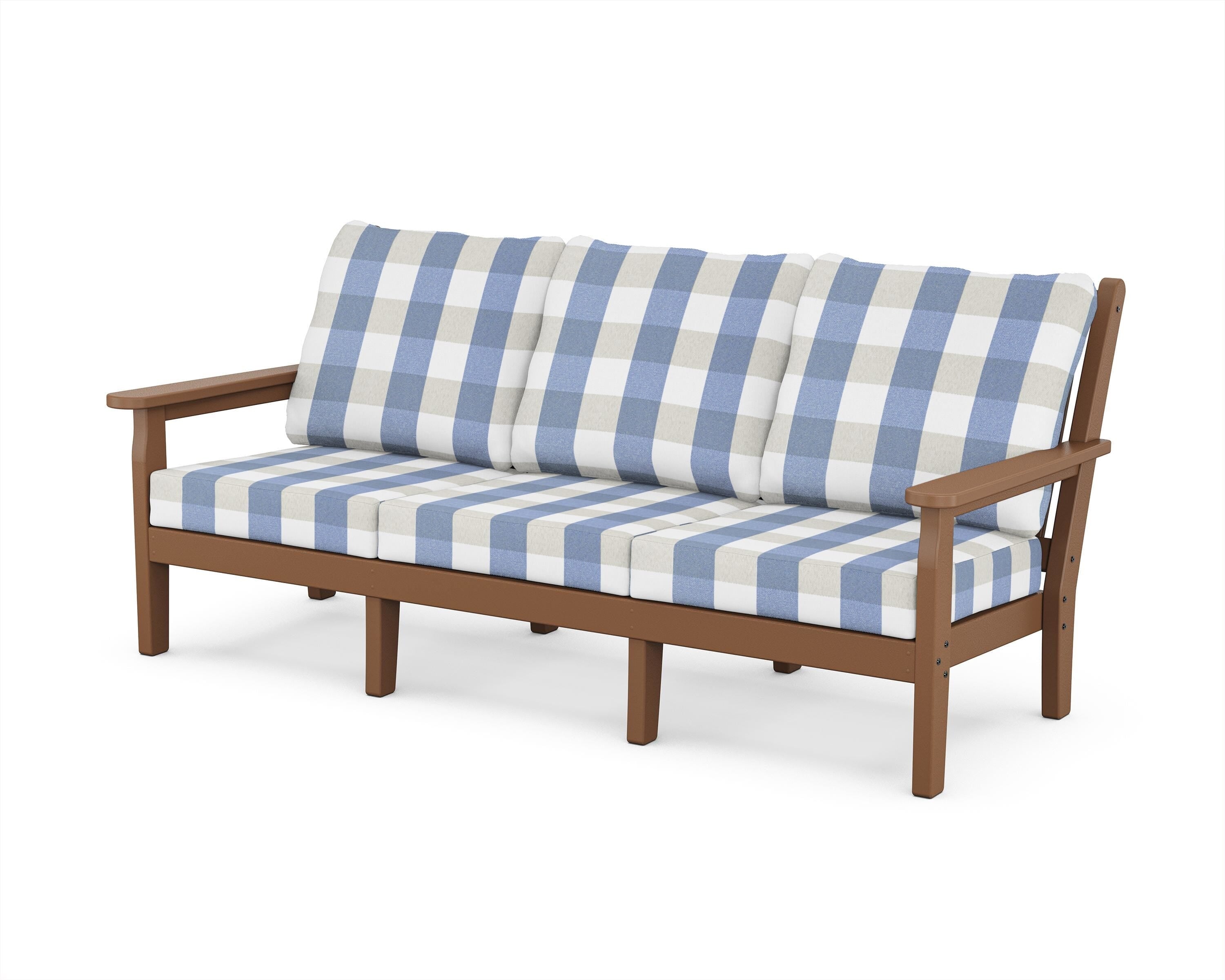 POLYWOOD® Chippendale Deep Seating Sofa in Teak / Buffalo Plaid Sky Blue