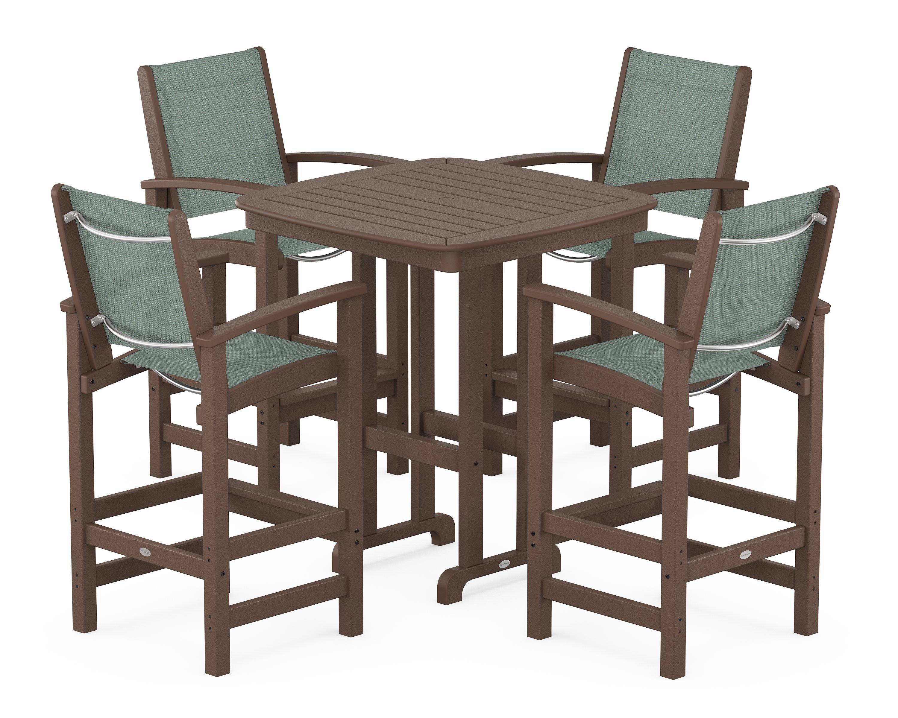POLYWOOD® Coastal 5-Piece Bar Set in Mahogany / Dupioni Sea Mist Sling