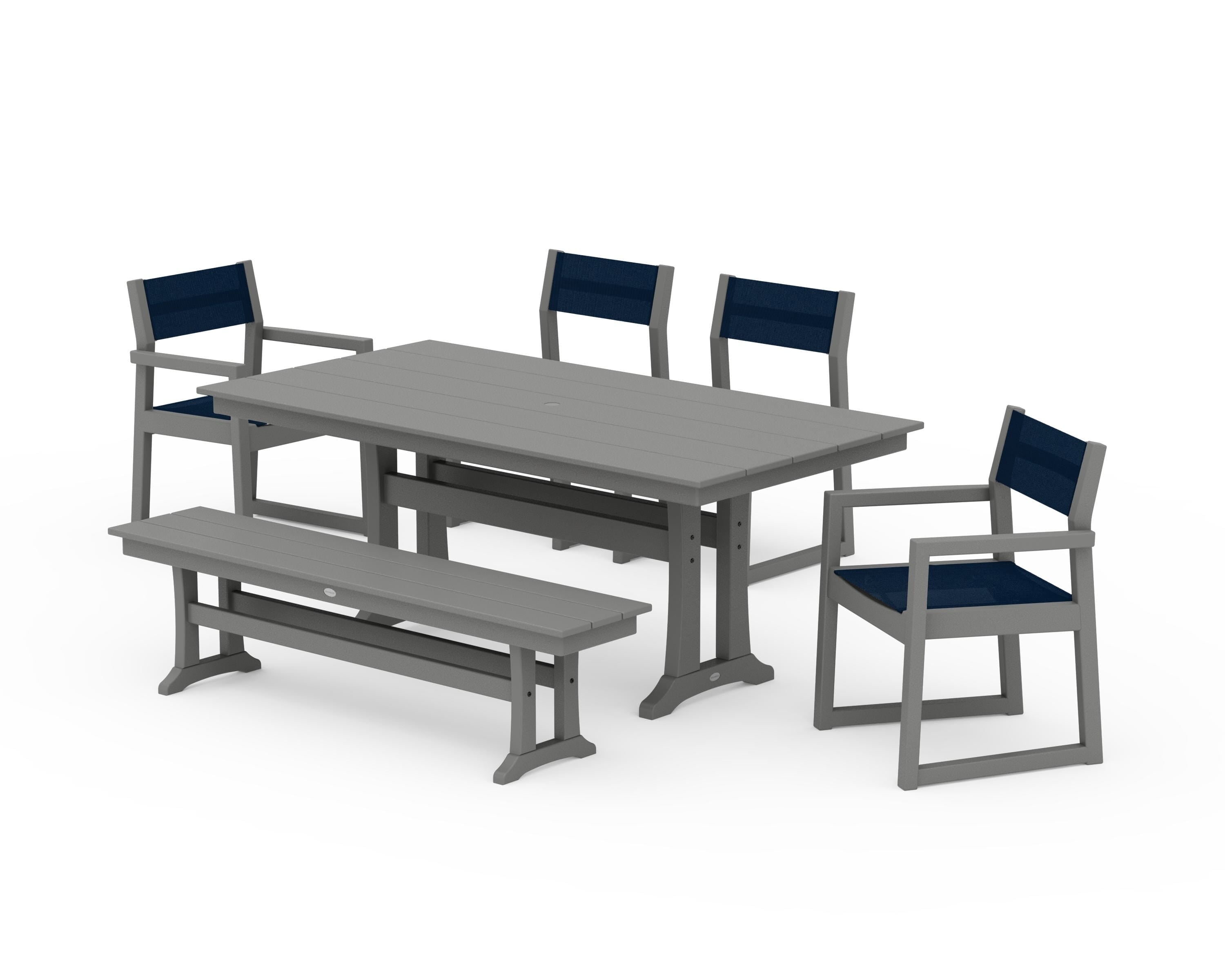 POLYWOOD® EDGE Sling 6-Piece Farmhouse Dining Set With Trestle Legs in Slate Grey / Navy Blue Sling
