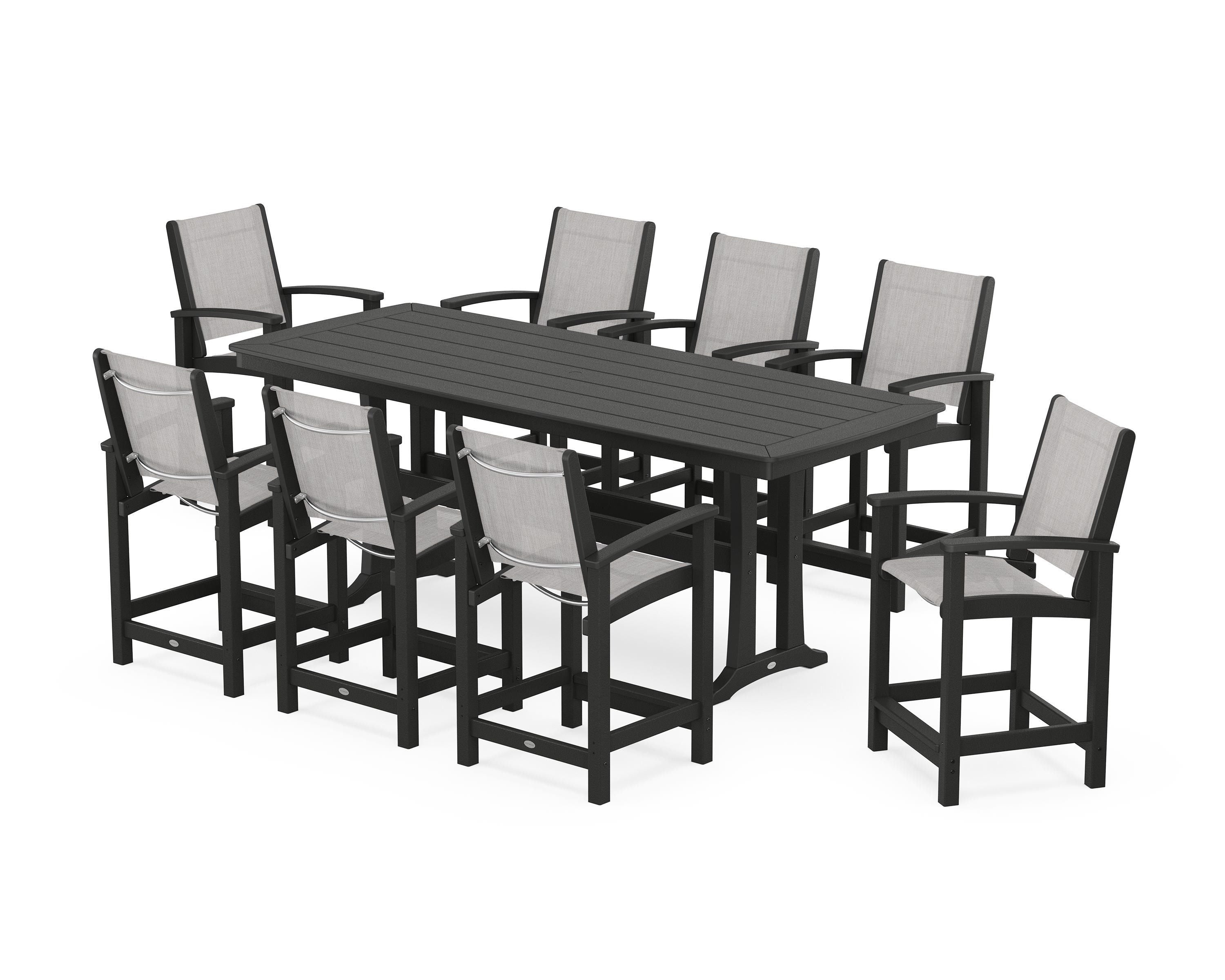 POLYWOOD® Coastal 9-Piece Counter Set with Trestle Legs in Black / Parchment Sling