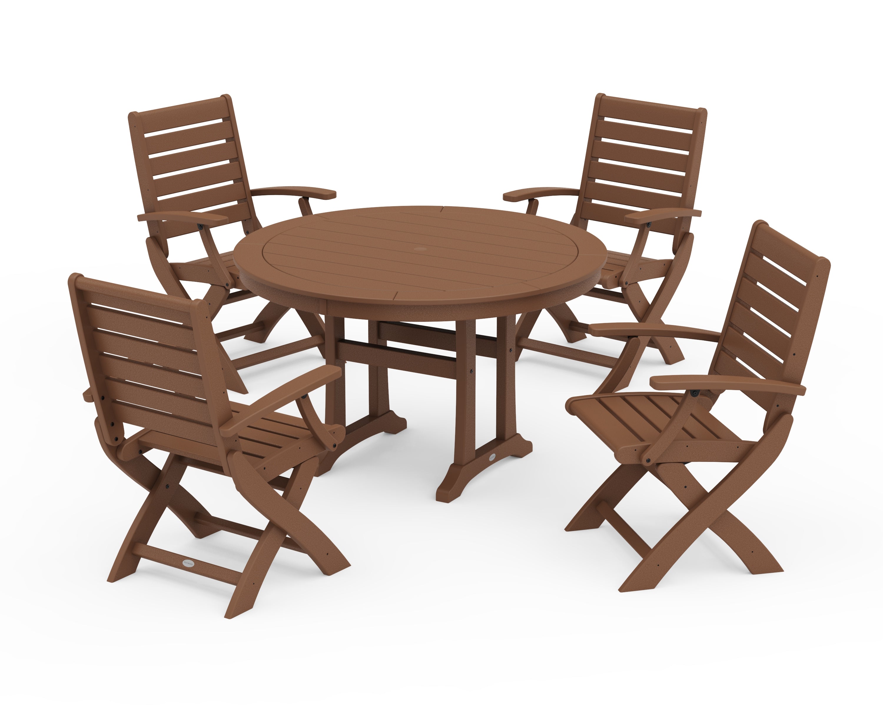 POLYWOOD® Signature Folding Chair 5-Piece Round Dining Set with Trestle Legs in Teak