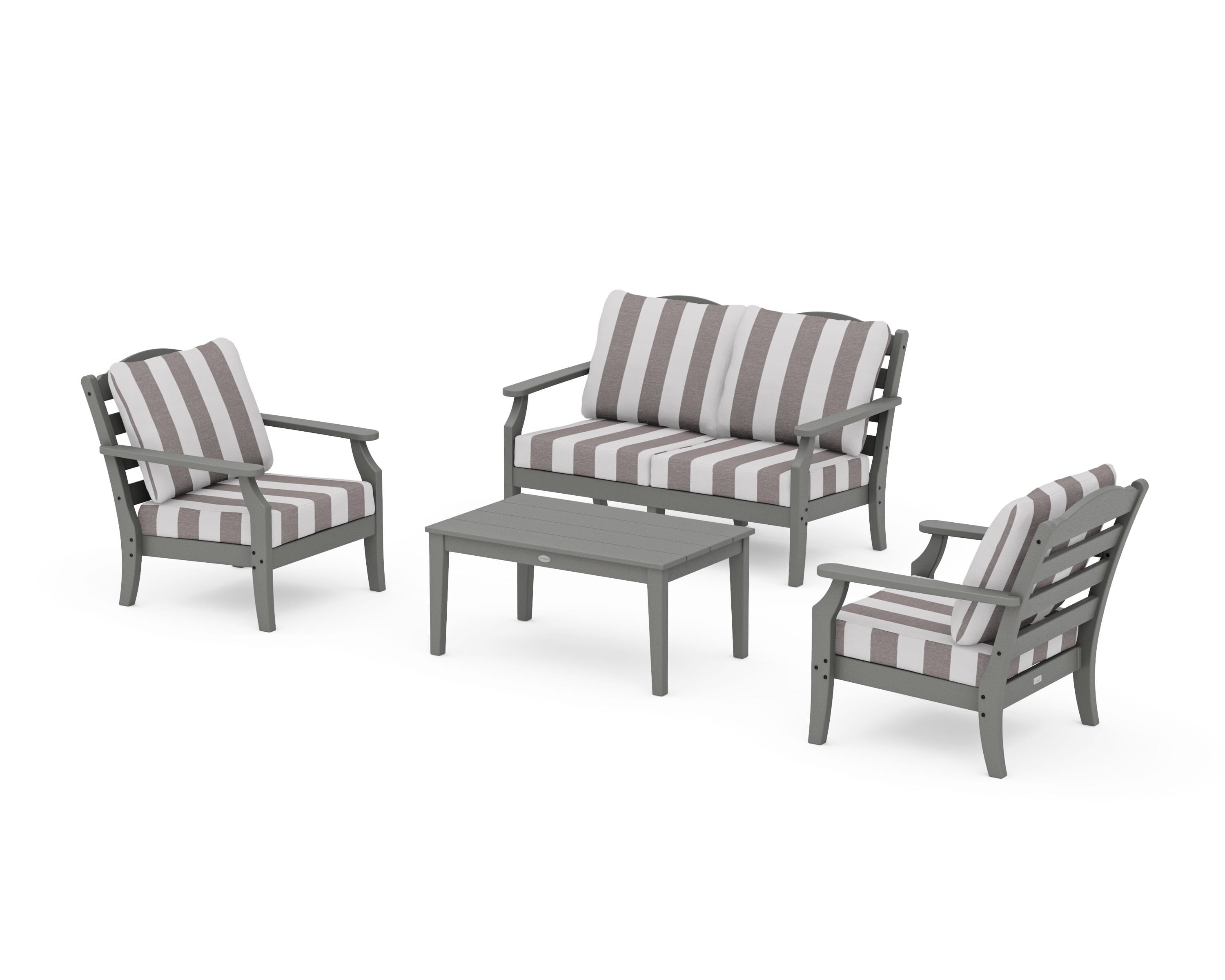 Draper James™ by POLYWOOD® Savannah 4-Piece Deep Seating Set with Loveseat in Slate Grey / Cabana Stripe Grey Mist