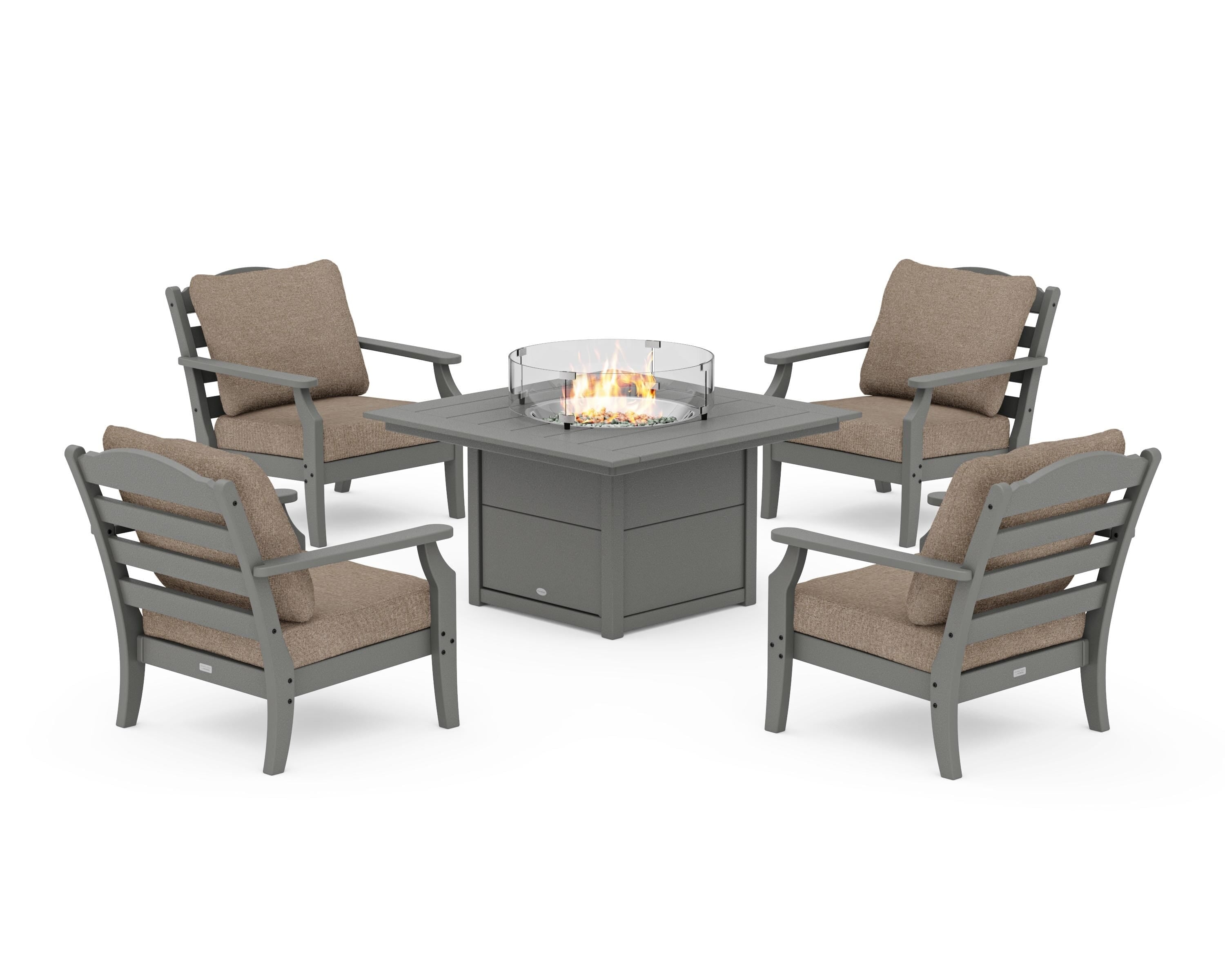 Draper James™ by POLYWOOD® Savannah 5-Piece Deep Seating Set with Fire Pit Table in Slate Grey / Spiced Burlap