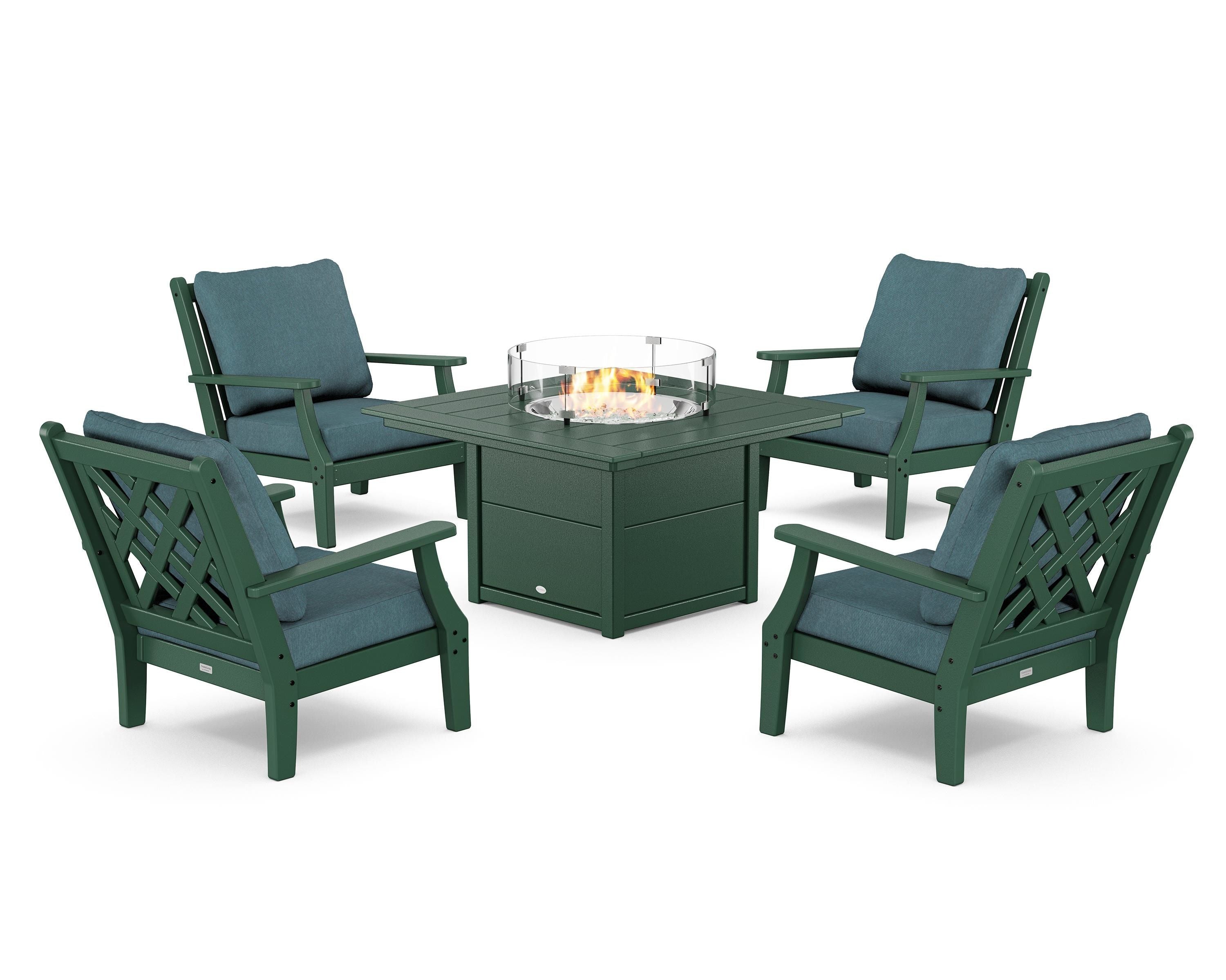 Country Living Wovendale 5-Piece Deep Seating Set with Fire Pit Table in Green / Ocean Teal