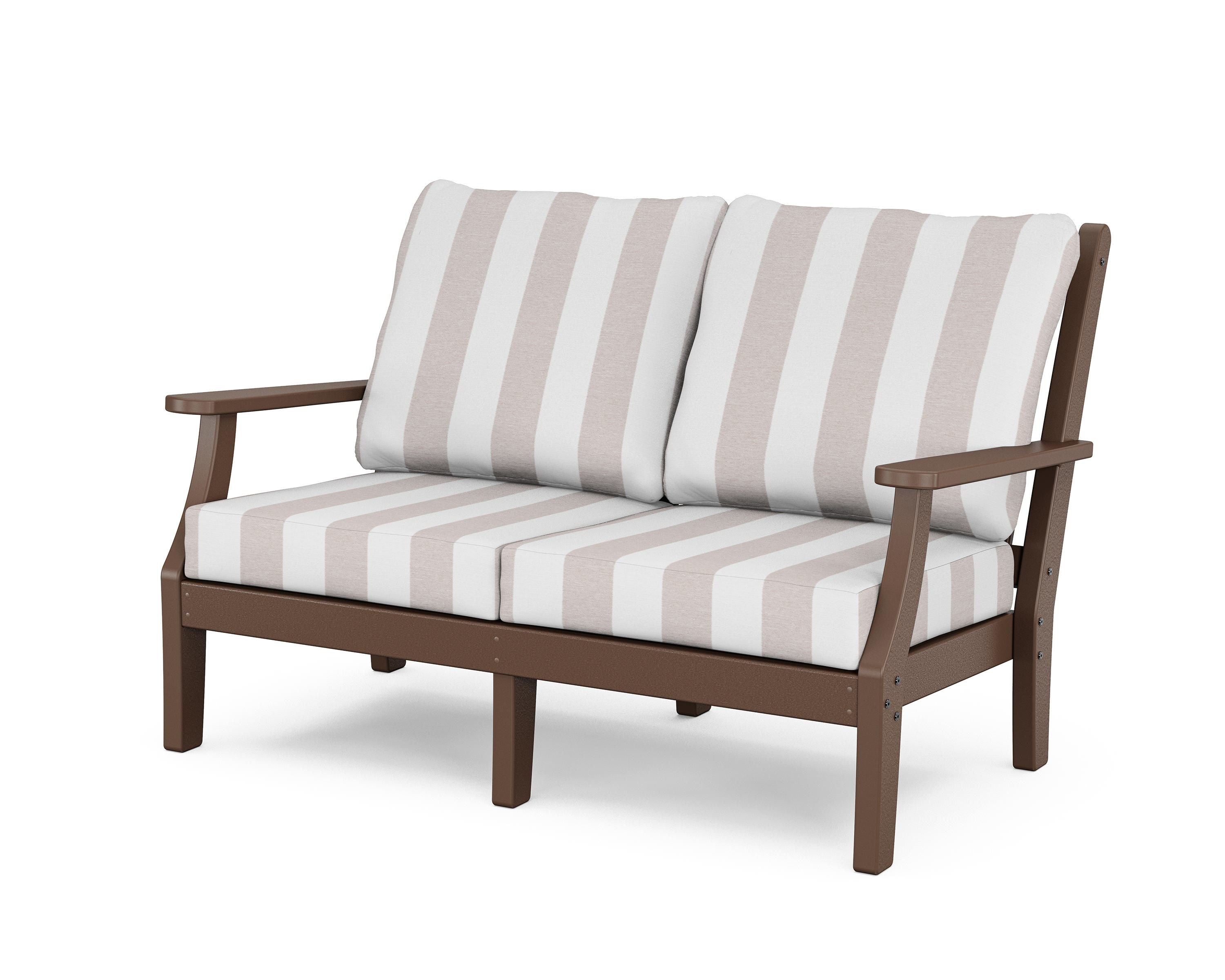 Country Living Wovendale Deep Seating Loveseat in Mahogany / Cabana Stripe Dune Burlap