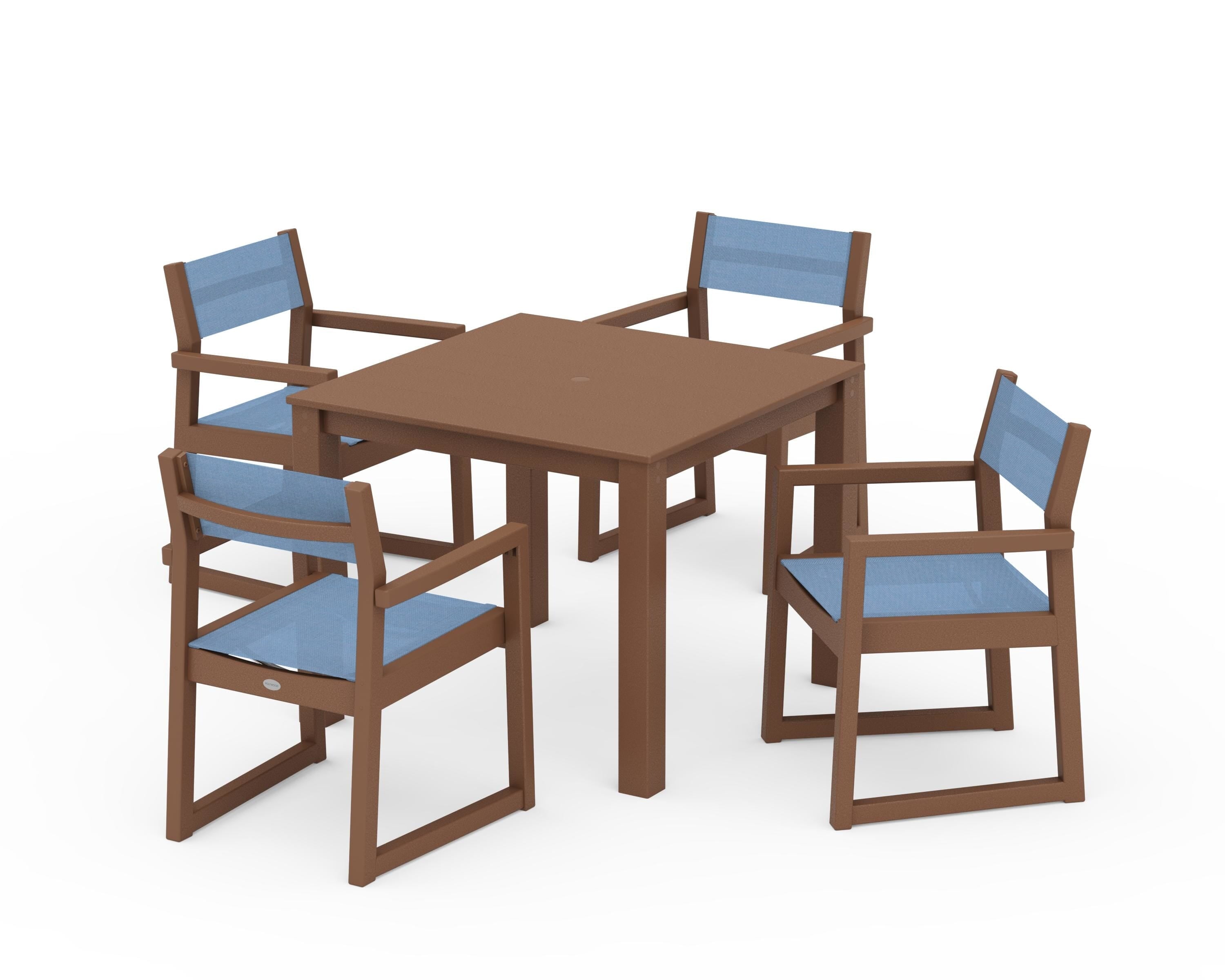 POLYWOOD® EDGE Sling Arm Chair 5-Piece Parsons Dining Set in Teak / Poolside Sling