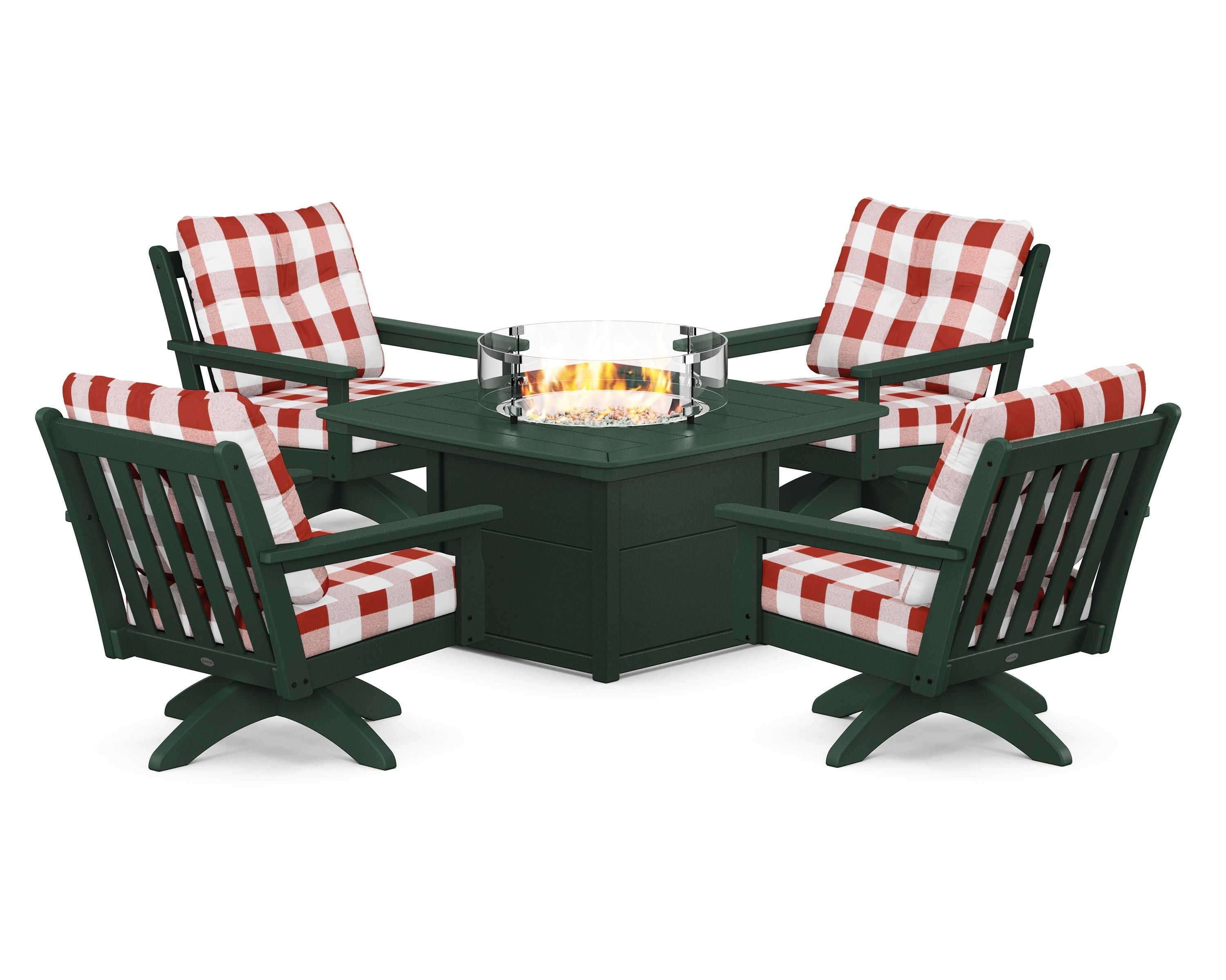POLYWOOD® Vineyard 5-Piece Deep Seating Swivel Conversation Set with Fire Pit Table in Green / Buffalo Plaid Crimson