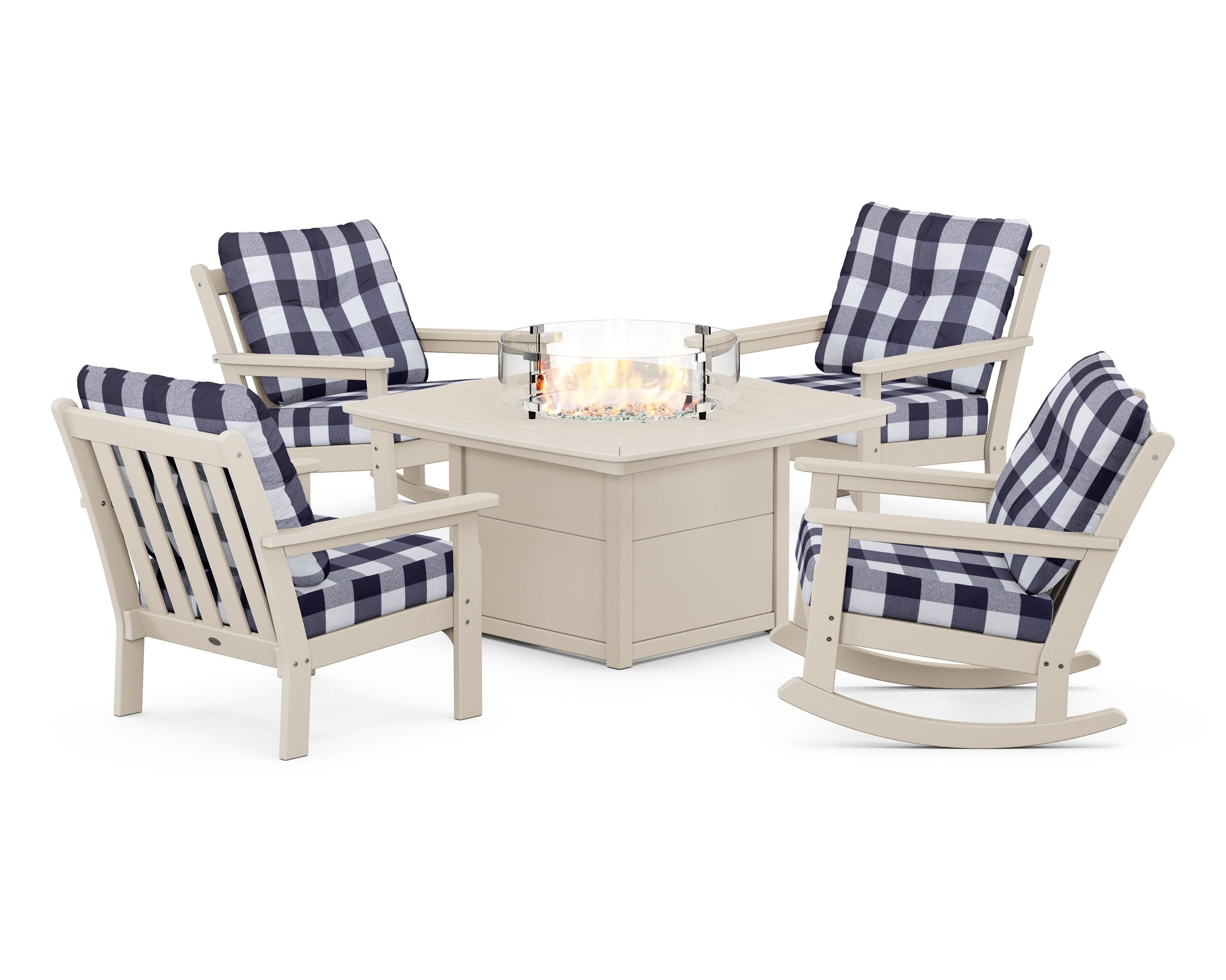 POLYWOOD® Vineyard 5-Piece Deep Seating Rocking Chair Conversation Set with Fire Pit Table in Sand / Buffalo Plaid Navy
