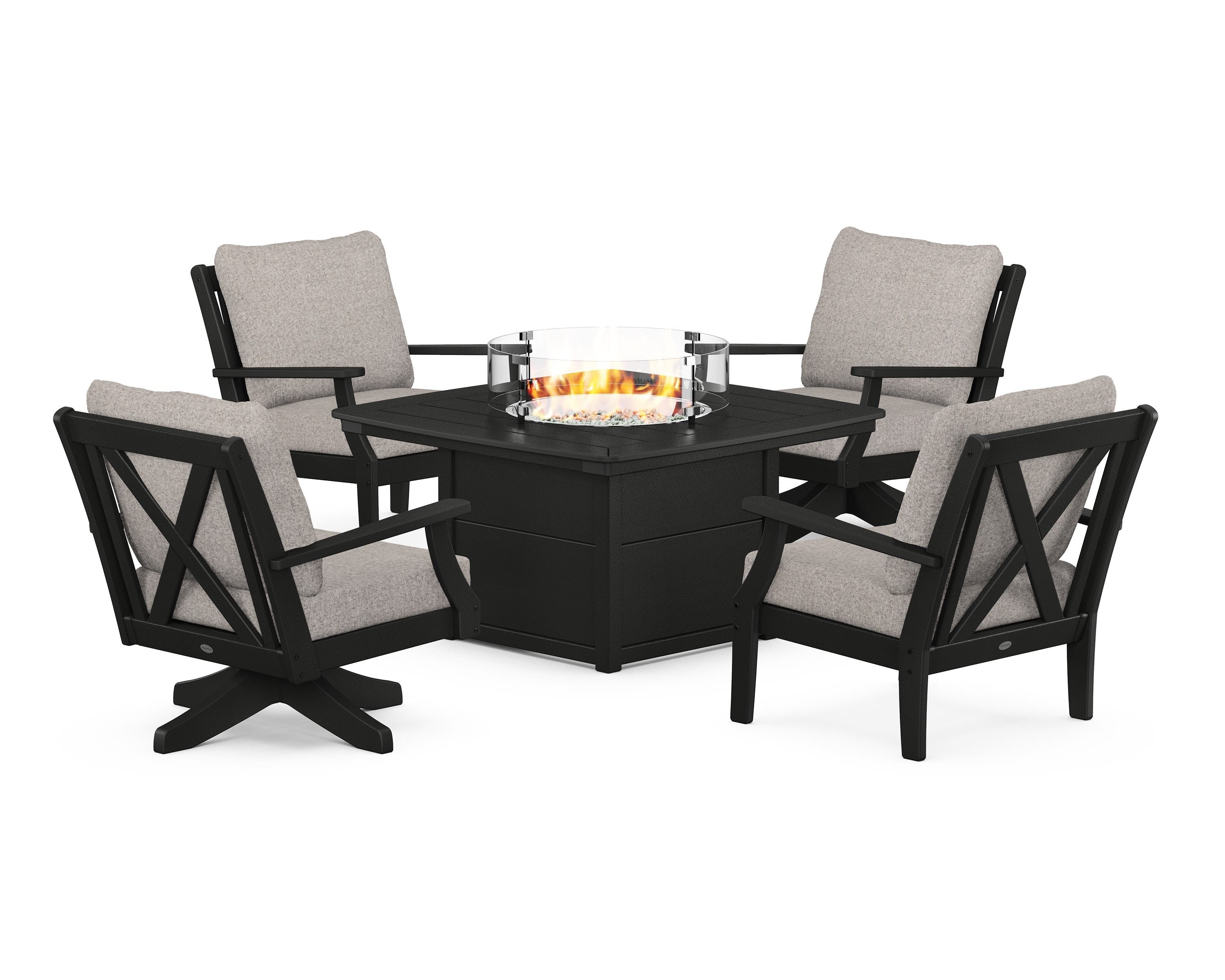 POLYWOOD® Braxton 5-Piece Deep Seating Set with Fire Table in Black / Weathered Tweed