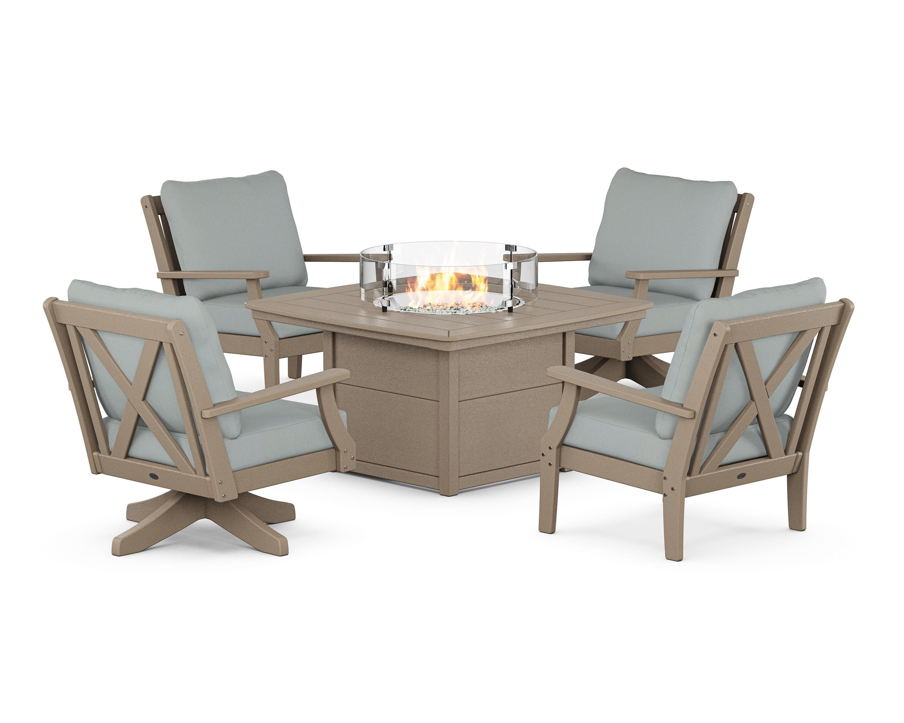 POLYWOOD® Braxton 5-Piece Deep Seating Set with Fire Table in Vintage Sahara / Spa