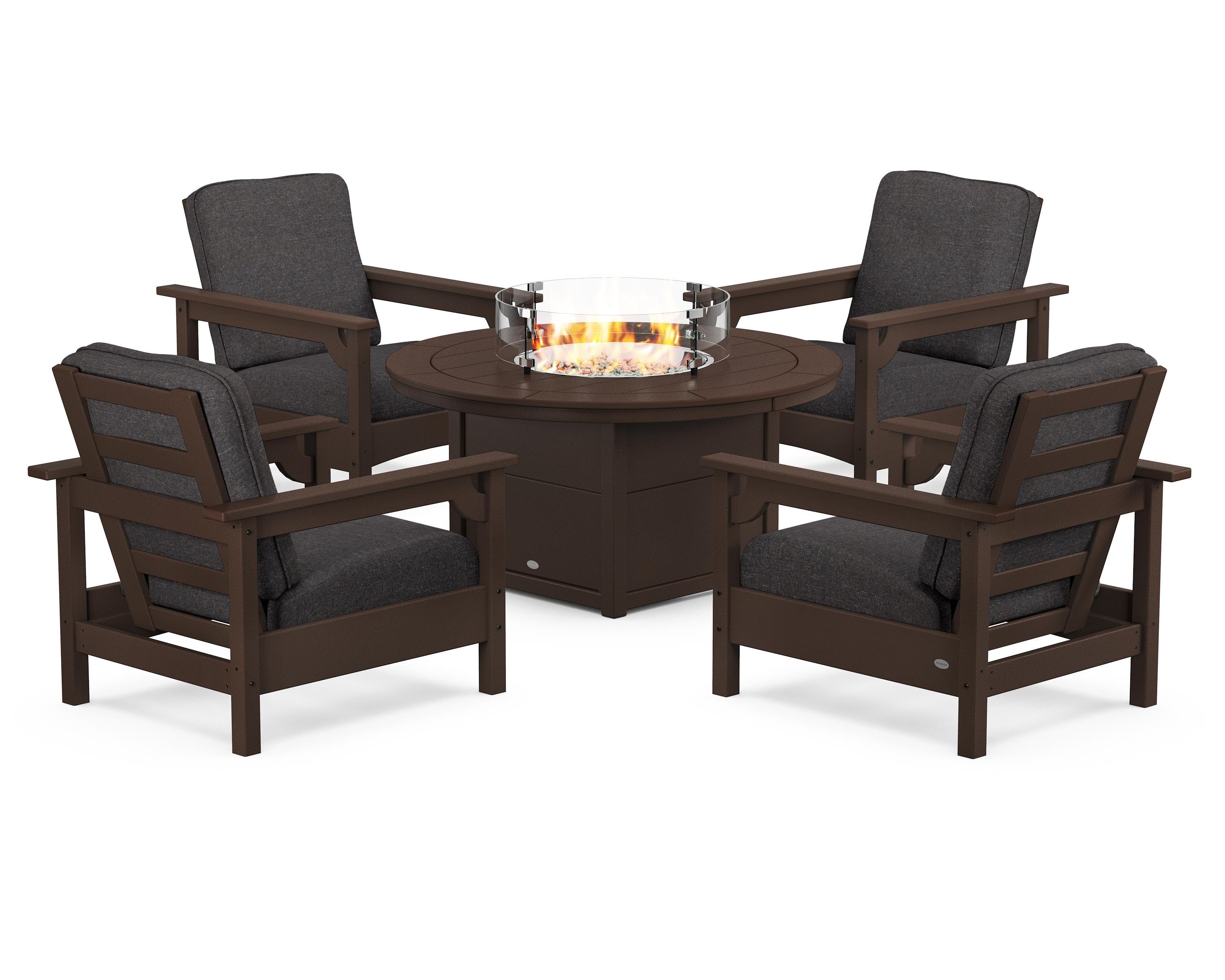 POLYWOOD® Club 5-Piece Conversation Set with Fire Pit Table in Mahogany / Ash Charcoal