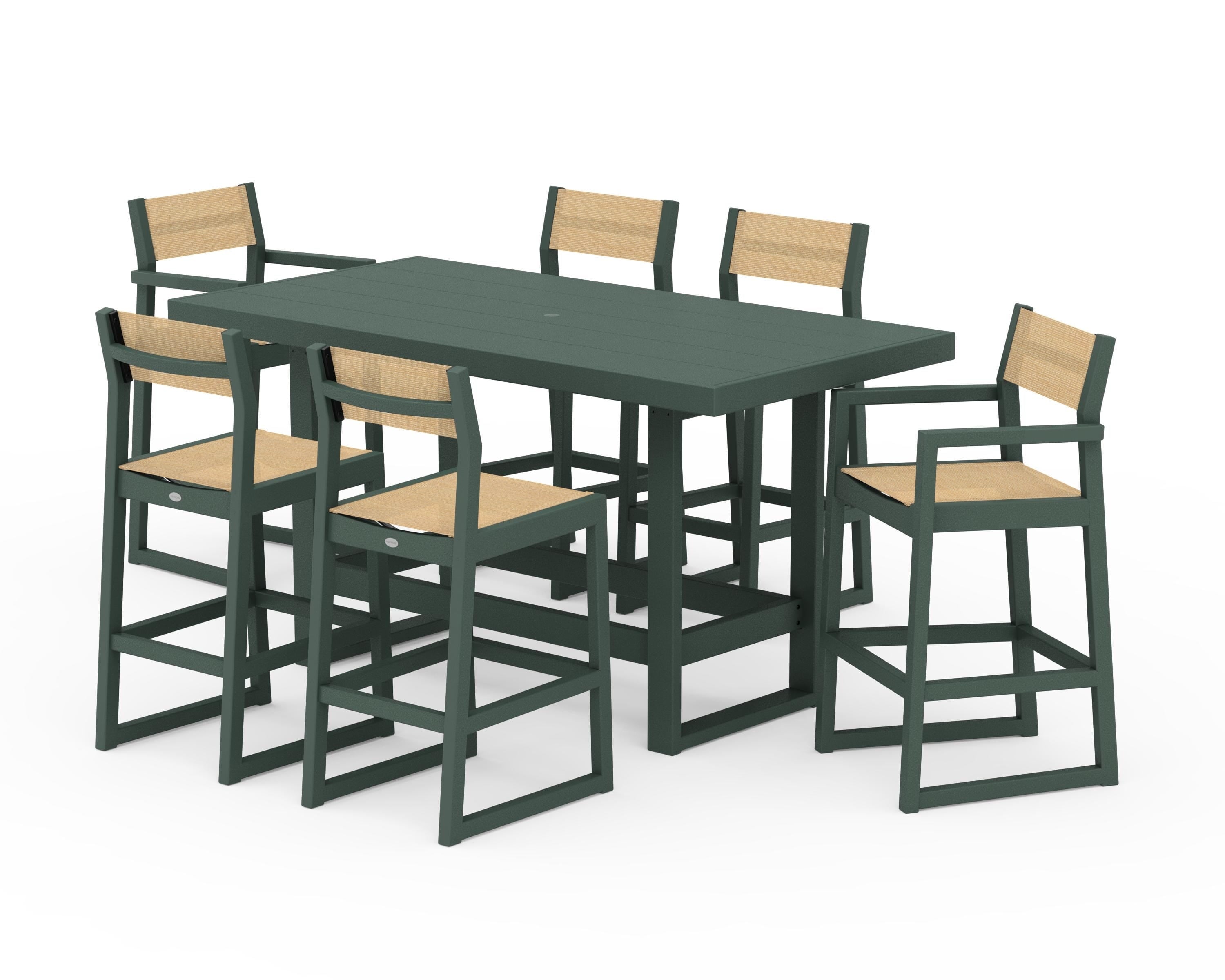 POLYWOOD® EDGE Sling 7-Piece Bar Table Set in Green / Dupioni Apricot Sling