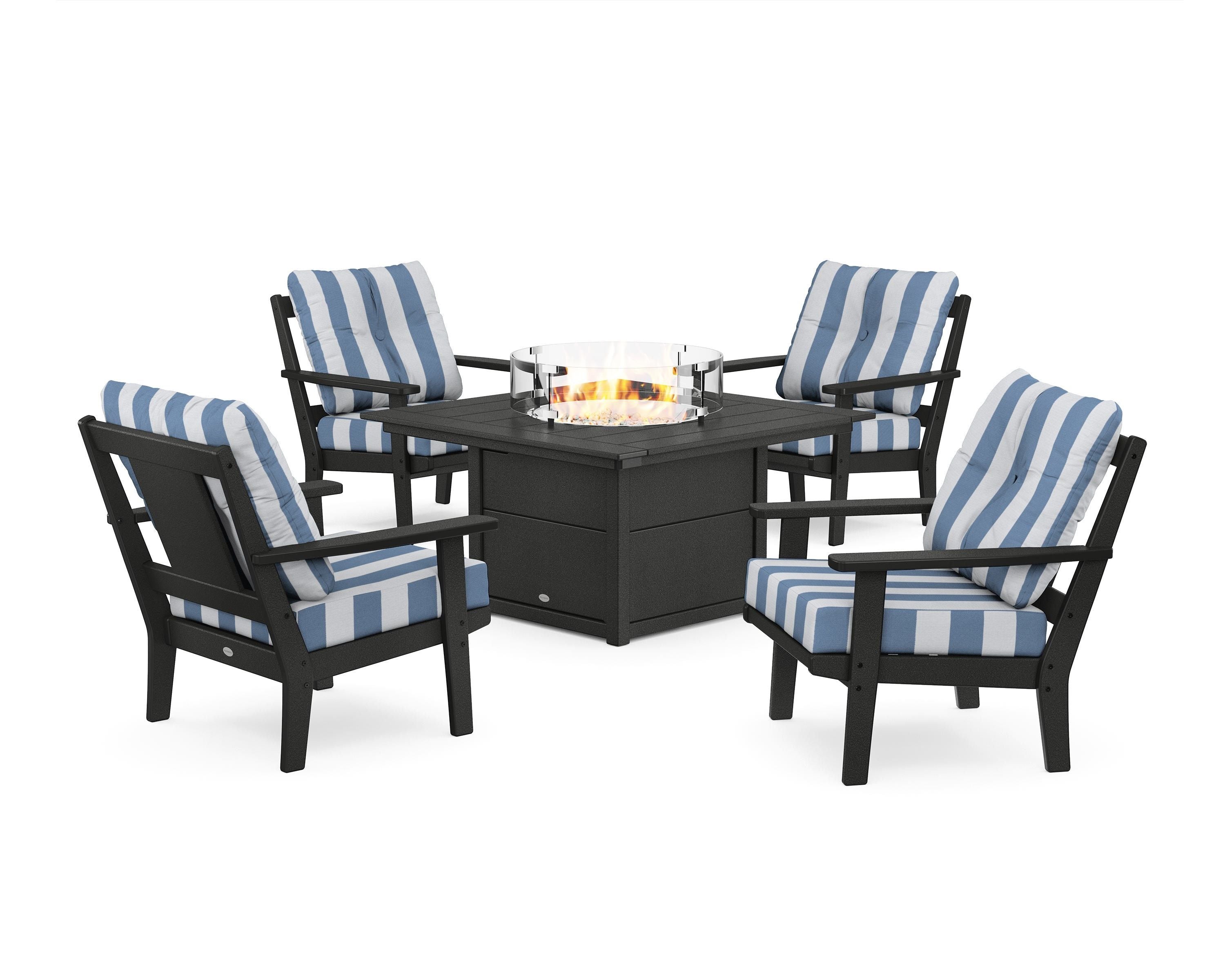 POLYWOOD® Prairie 5-Piece Deep Seating Set with Fire Pit Table in Black / Cabana Stripe Sky Blue