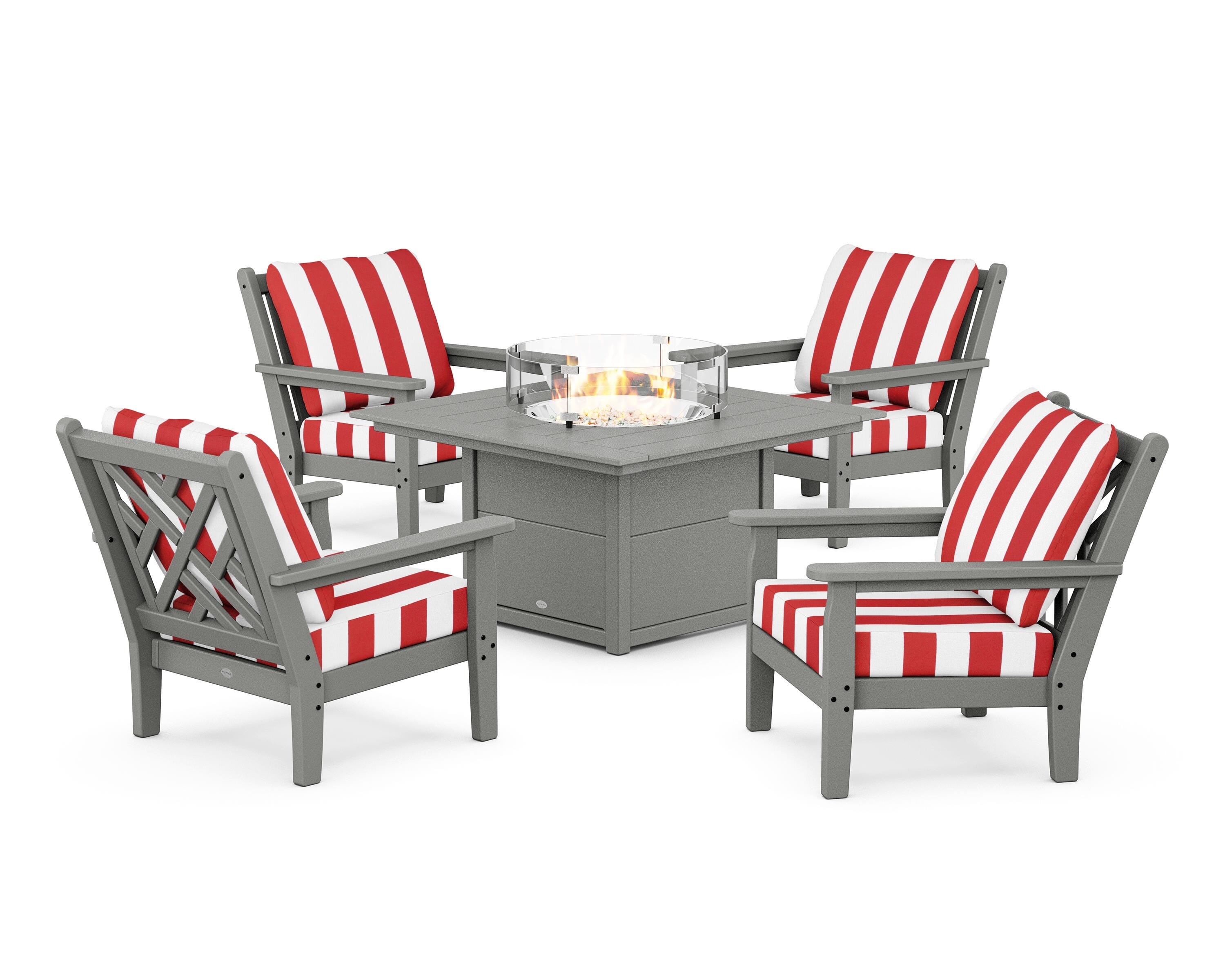 POLYWOOD® Chippendale 5-Piece Deep Seating Set with Fire Pit Table in Slate Grey / Cabana Stripe Crimson