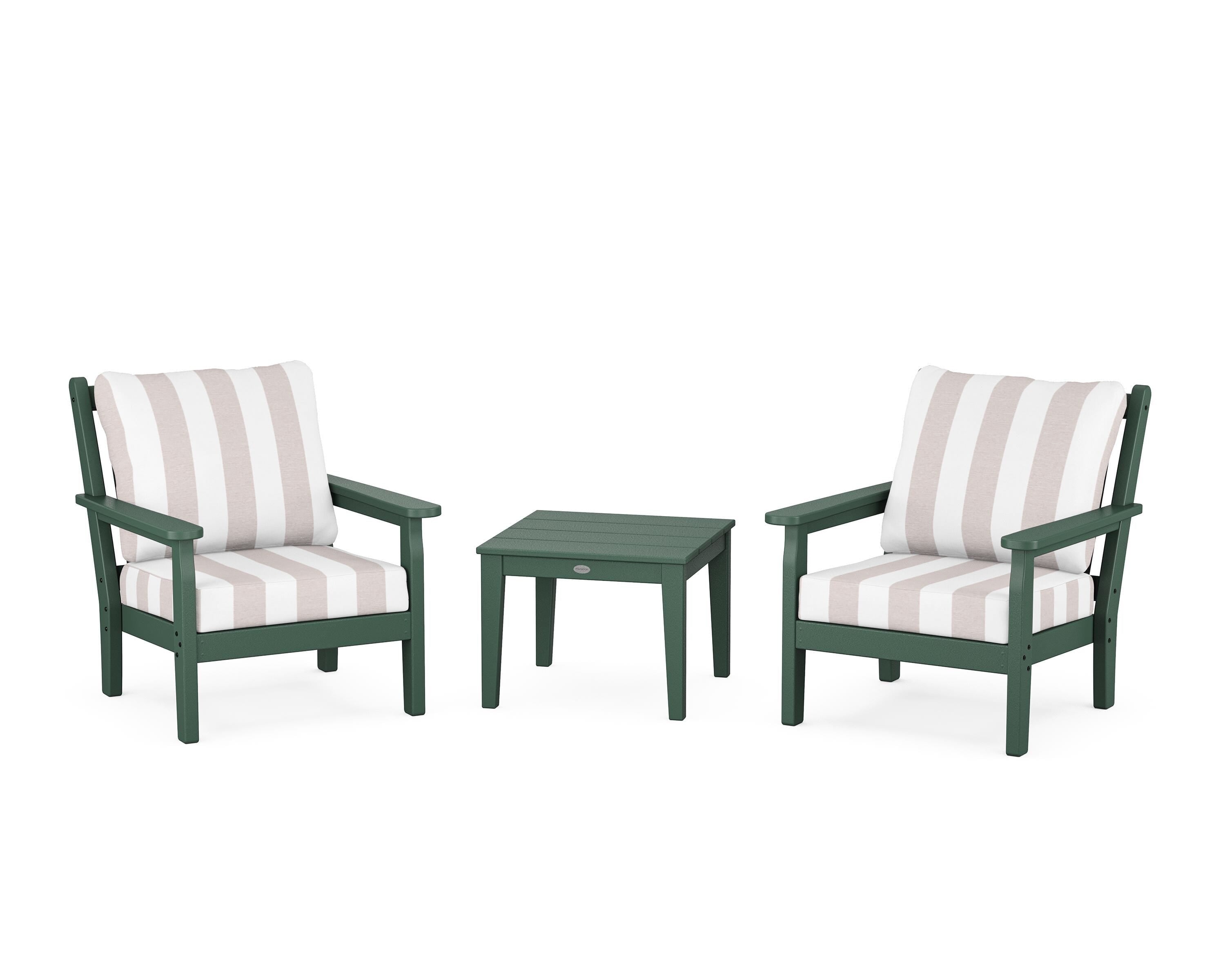 POLYWOOD® Chippendale 3-Piece Deep Seating Set in Green / Cabana Stripe Dune Burlap