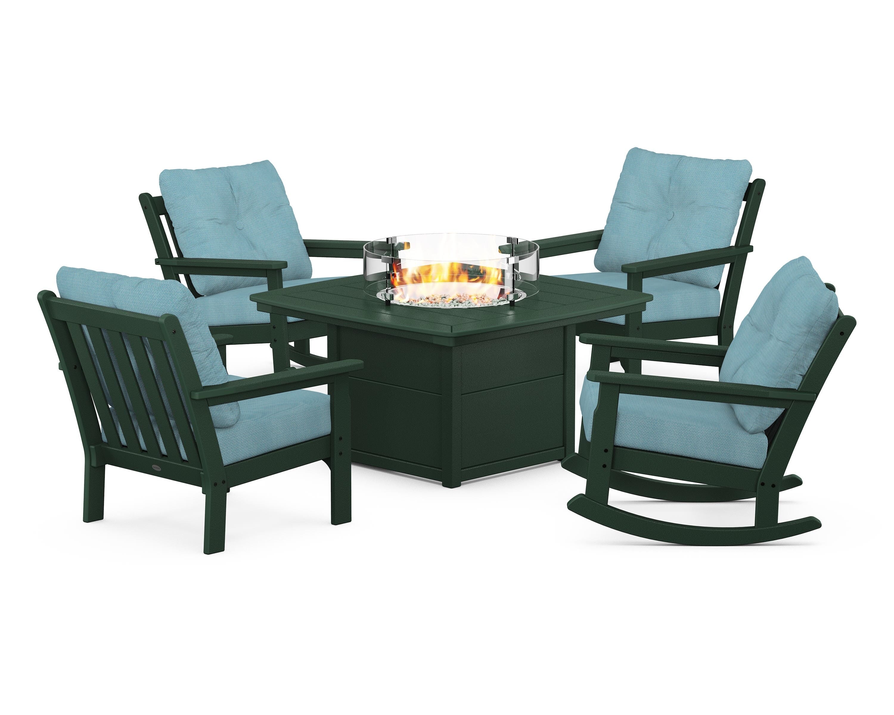 POLYWOOD® Vineyard 5-Piece Deep Seating Rocking Chair Conversation Set with Fire Pit Table in Green / Lattice Sky Blue
