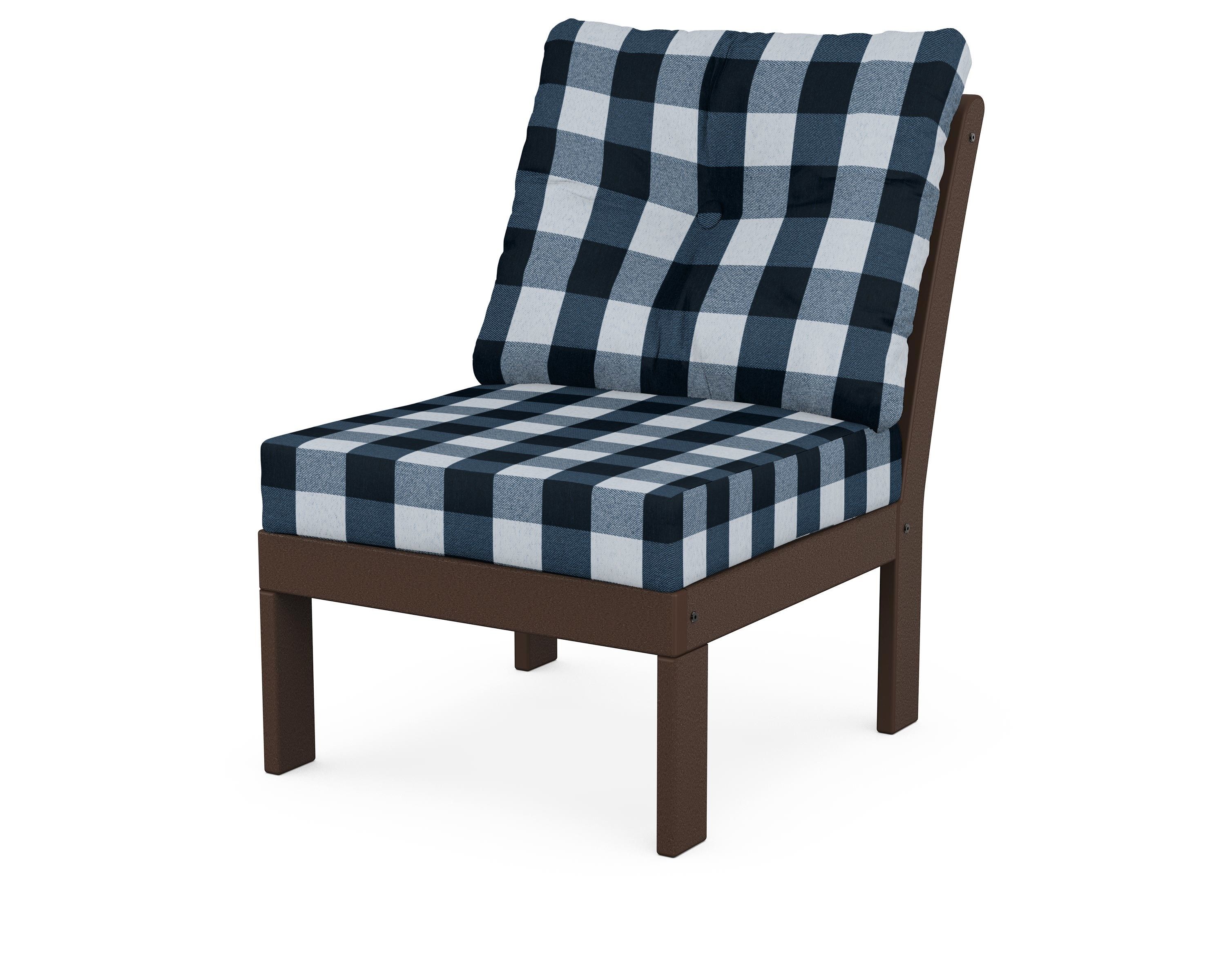 POLYWOOD® Vineyard Modular Armless Chair in Mahogany / Buffalo Plaid Marine Indigo