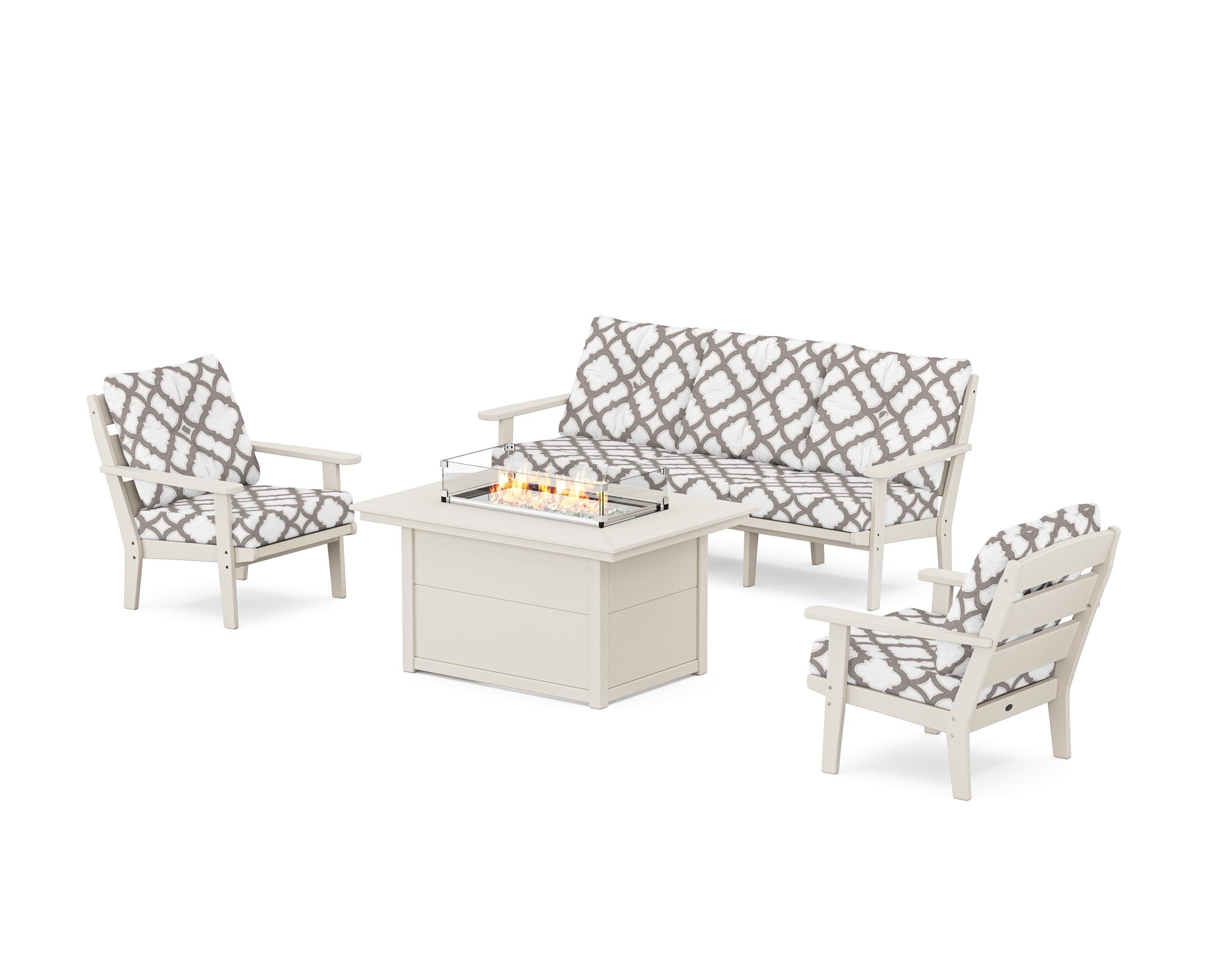 POLYWOOD® Lakeside Deep Seating Fire Pit Table Set in Sand / Trellis Grey Mist