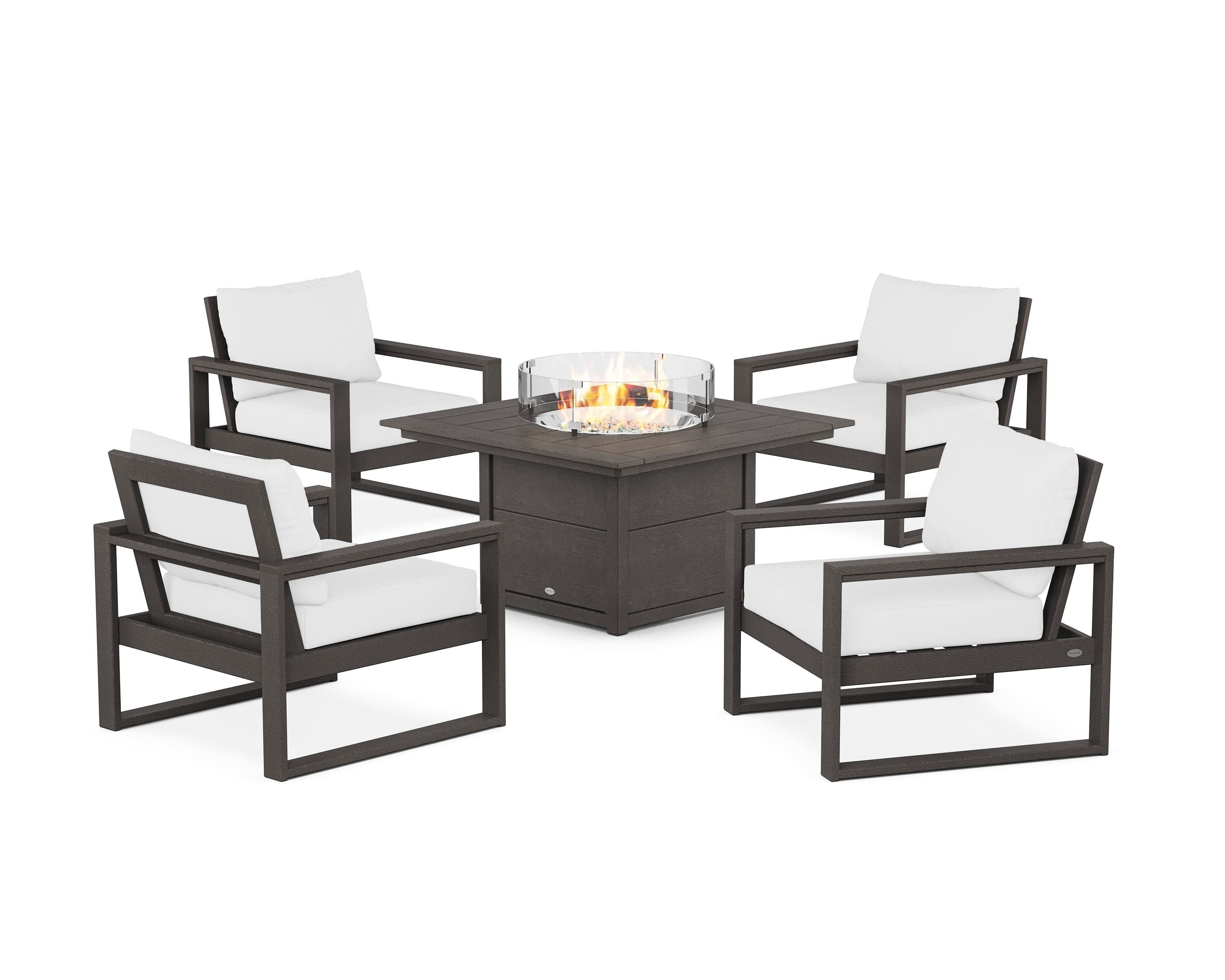 POLYWOOD® EDGE Sectional 5-Piece Deep Seating Set with Fire Pit Table in Vintage Coffee / Natural