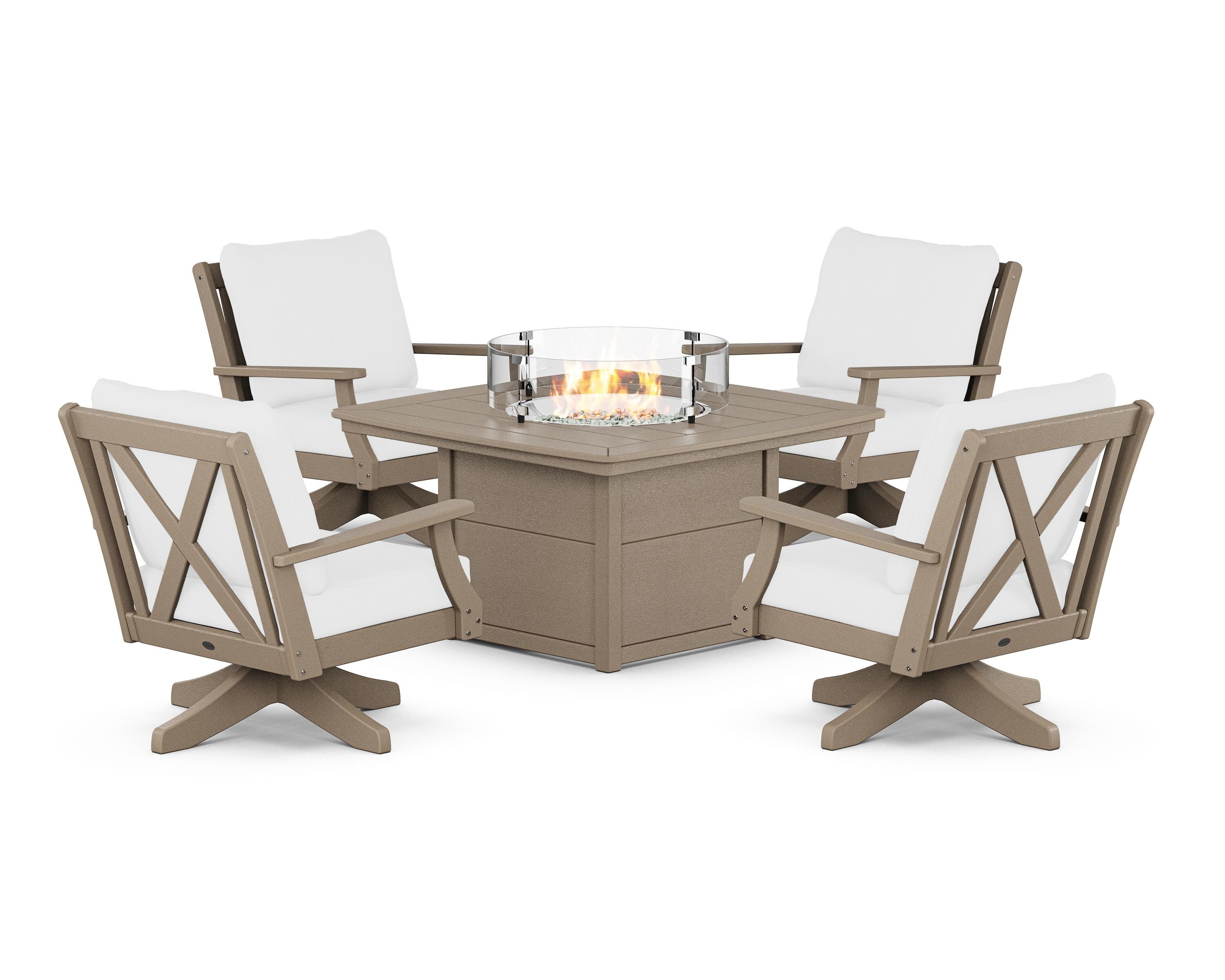 POLYWOOD® Braxton 5-Piece Deep Seating Swivel Conversation Set with Fire Pit Table in Vintage Sahara / Natural