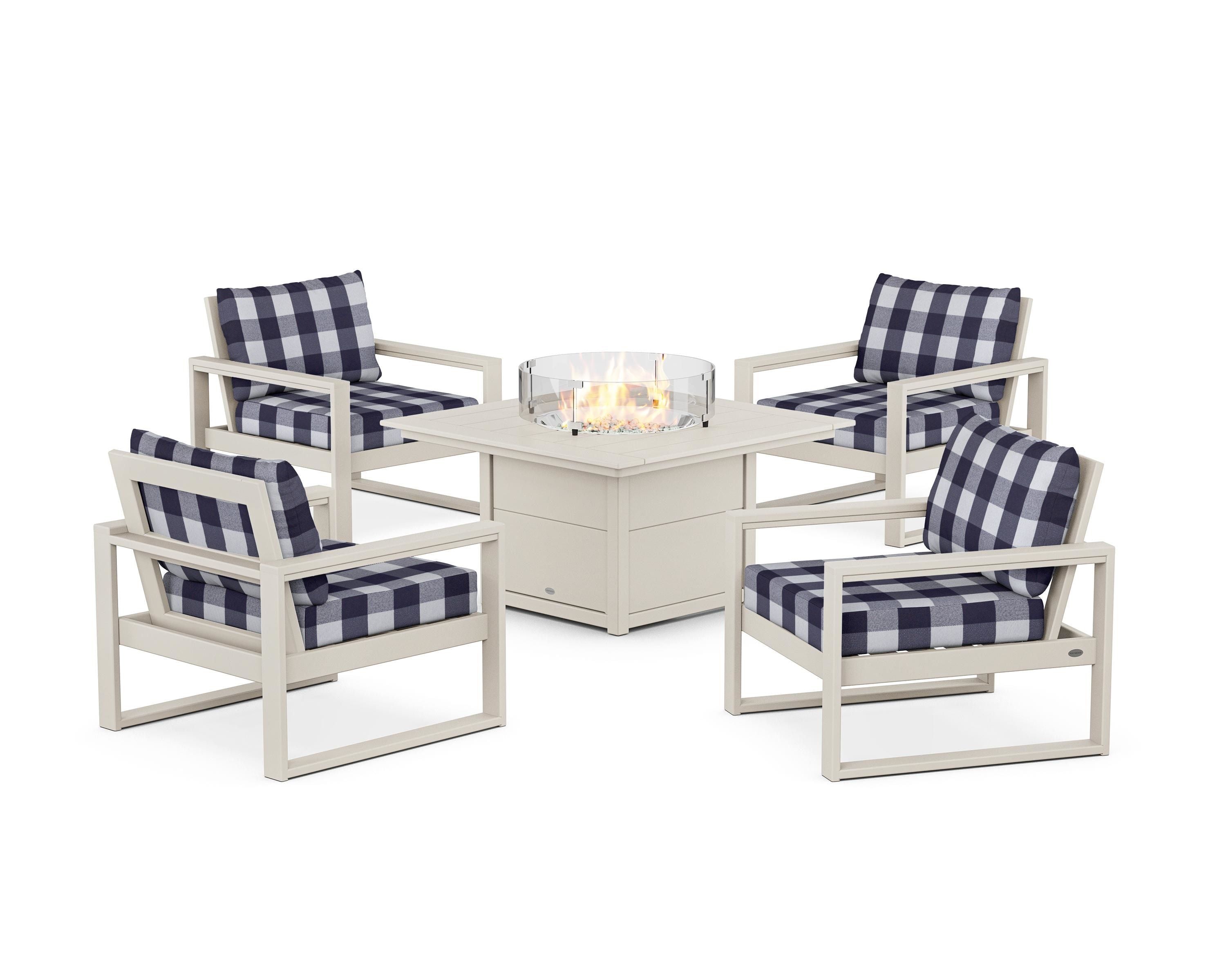 POLYWOOD® EDGE Sectional 5-Piece Deep Seating Set with Fire Pit Table in Sand / Buffalo Plaid Navy