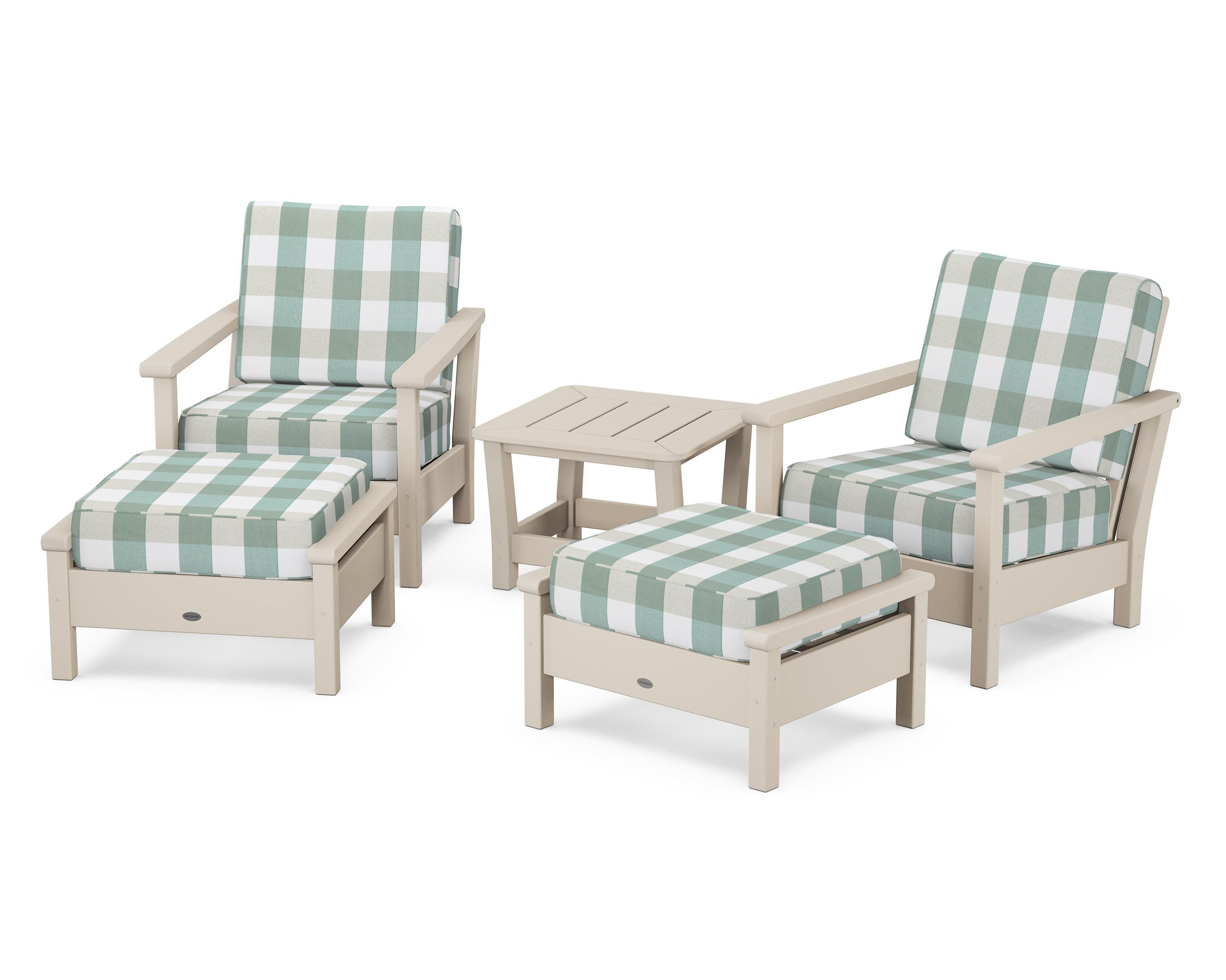 POLYWOOD® Harbour 5-Piece Deep Seating Chair Set in Sand / Buffalo Plaid Glacier Spa