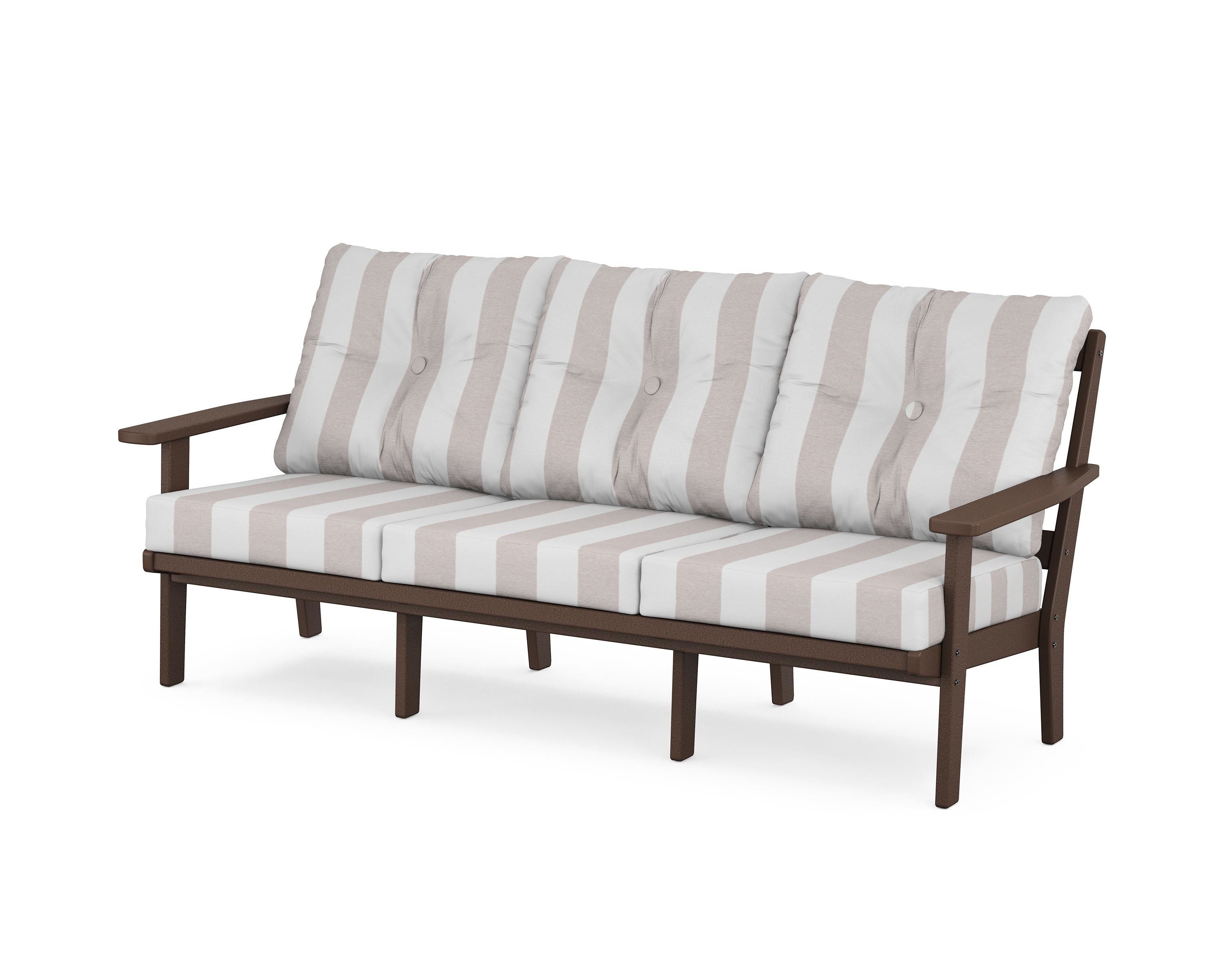 POLYWOOD® Oxford Deep Seating Sofa in Mahogany / Cabana Stripe Dune Burlap