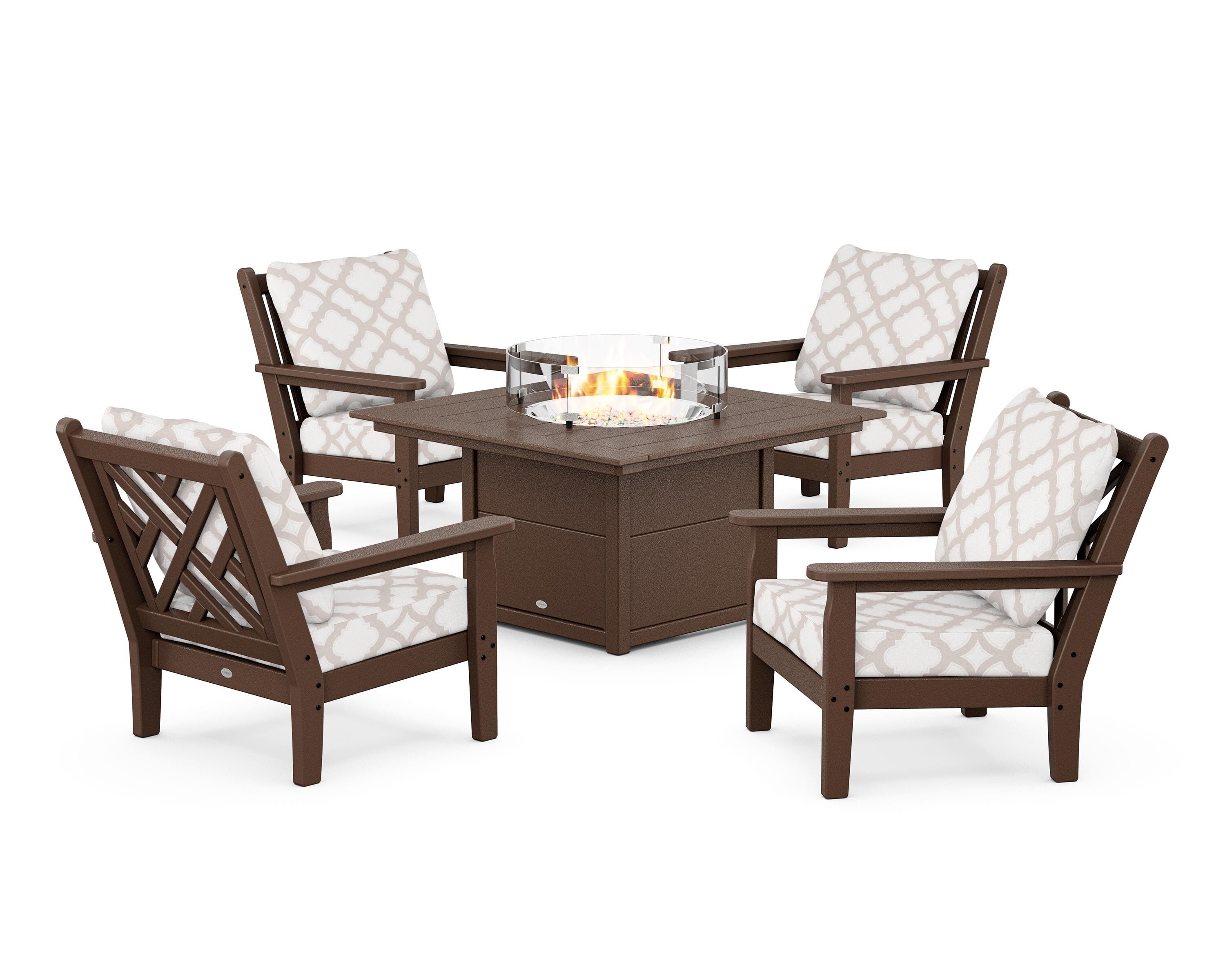 POLYWOOD® Chippendale 5-Piece Deep Seating Set with Fire Pit Table in Mahogany / Trellis Dune Burlap