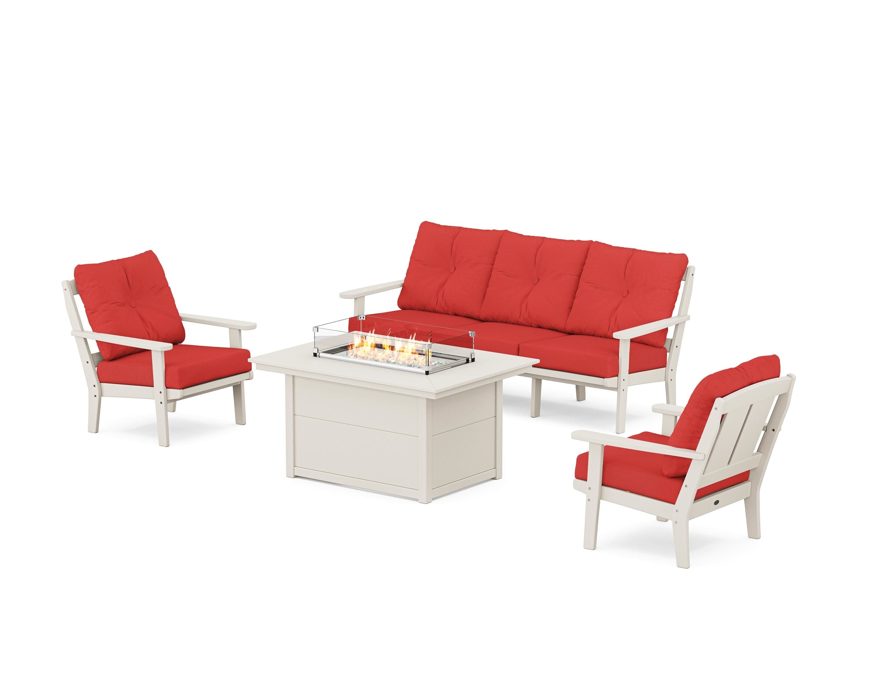 POLYWOOD® Mission Deep Seating Fire Pit Table Set in Sand / Crimson Linen