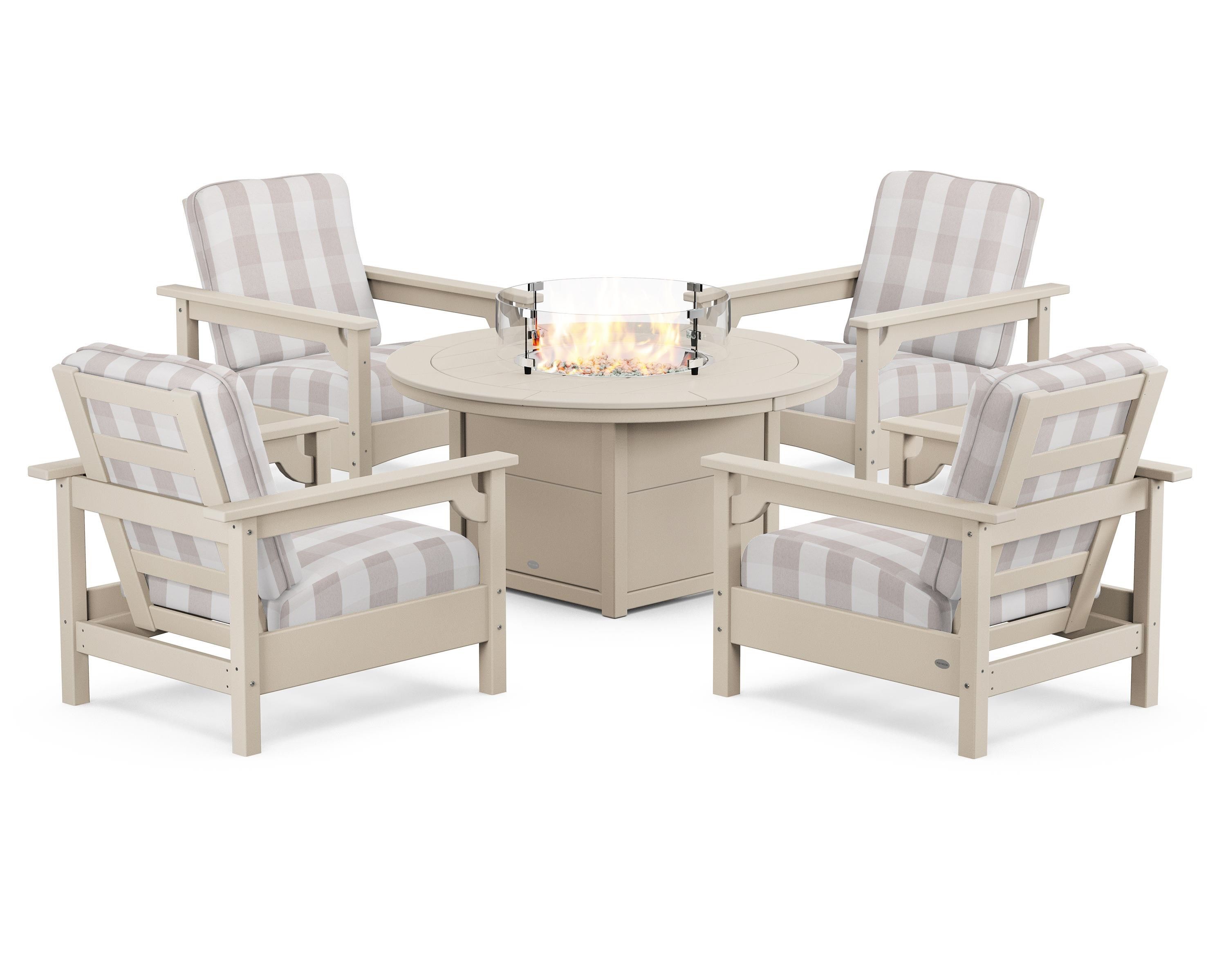 POLYWOOD® Club 5-Piece Conversation Set with Fire Pit Table in Sand / Buffalo Plaid Dune Burlap
