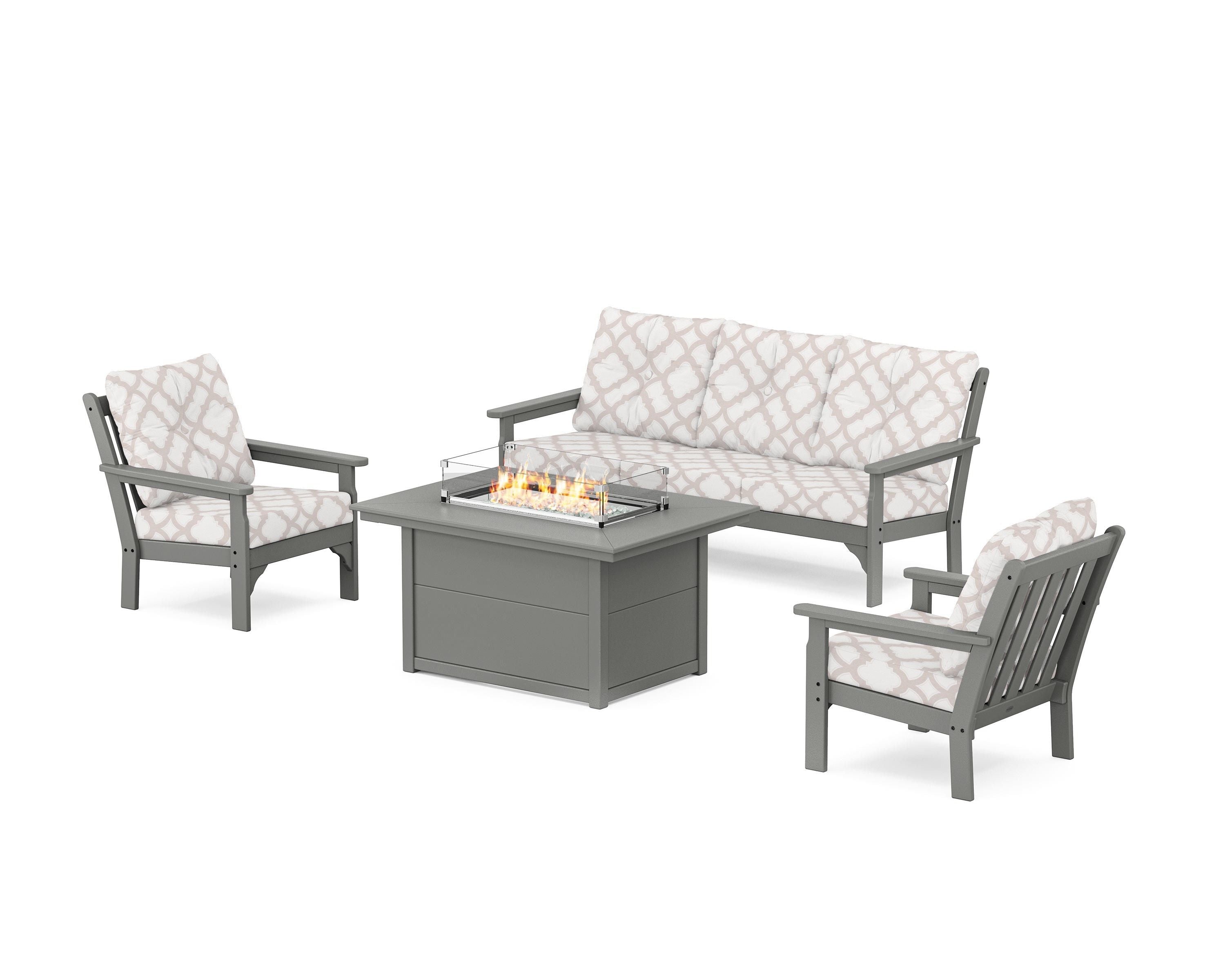 POLYWOOD® Vineyard Deep Seating Fire Pit Table Set in Slate Grey / Trellis Dune Burlap