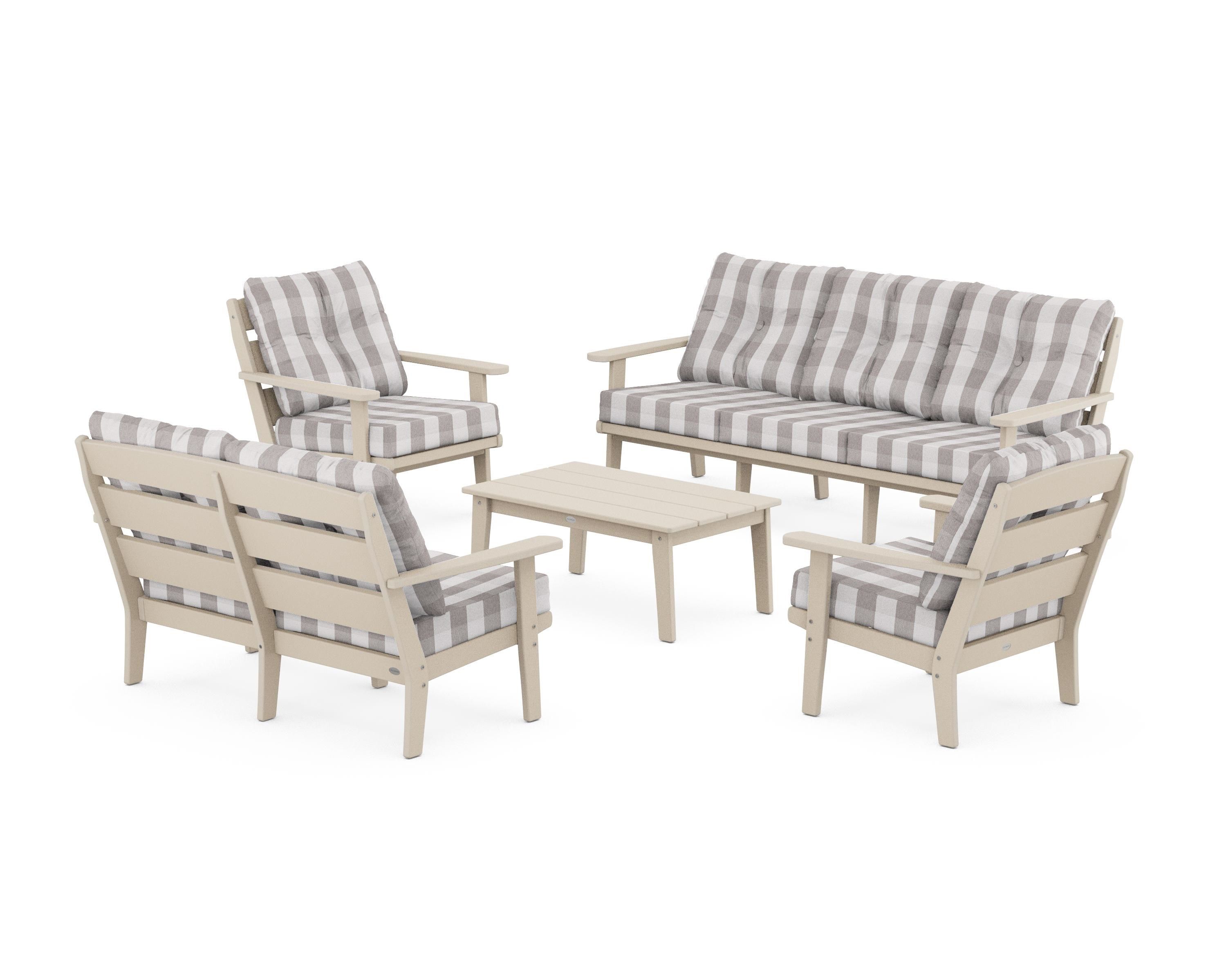POLYWOOD® Lakeside 5-Piece Lounge Sofa Set in Sand / Buffalo Plaid Grey Mist