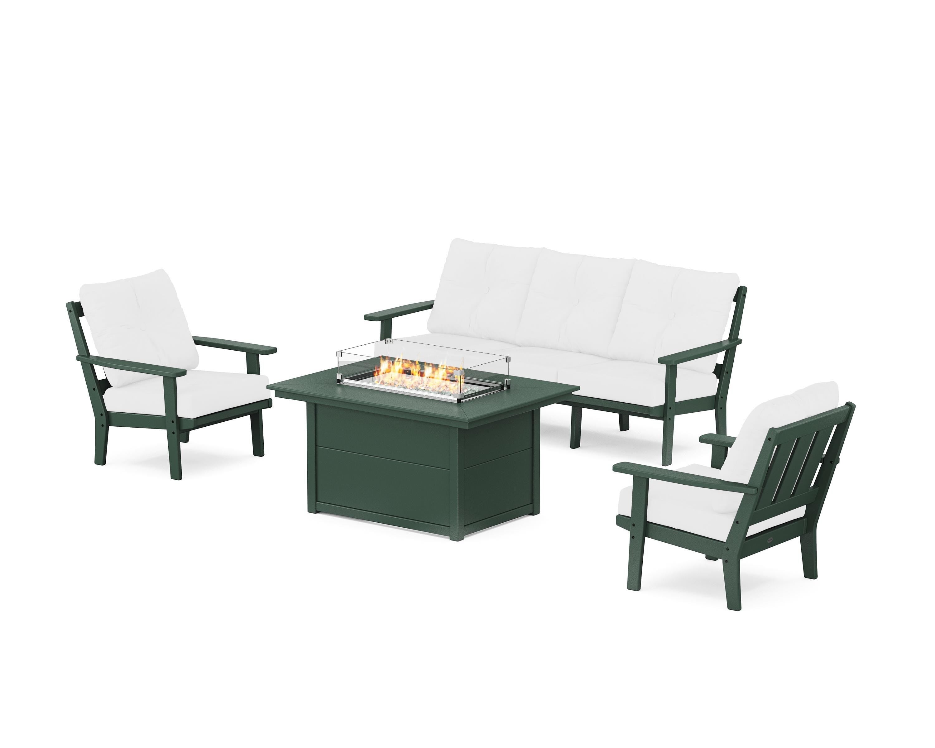 POLYWOOD® Oxford Deep Seating Fire Pit Table Set in Green / Natural
