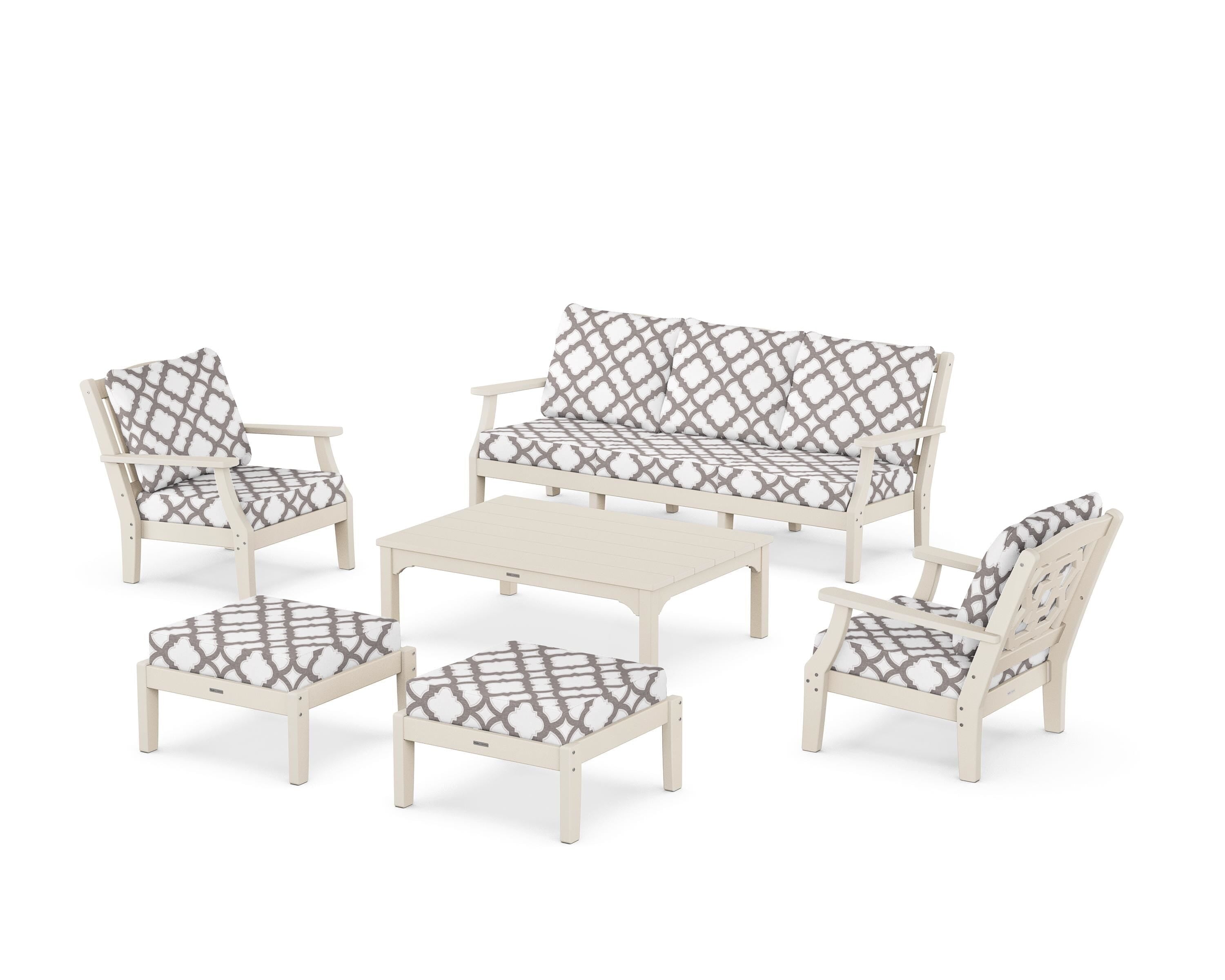 Martha Stewart by POLYWOOD® Chinoiserie 6-Piece Lounge Sofa Set in Sand / Trellis Grey Mist
