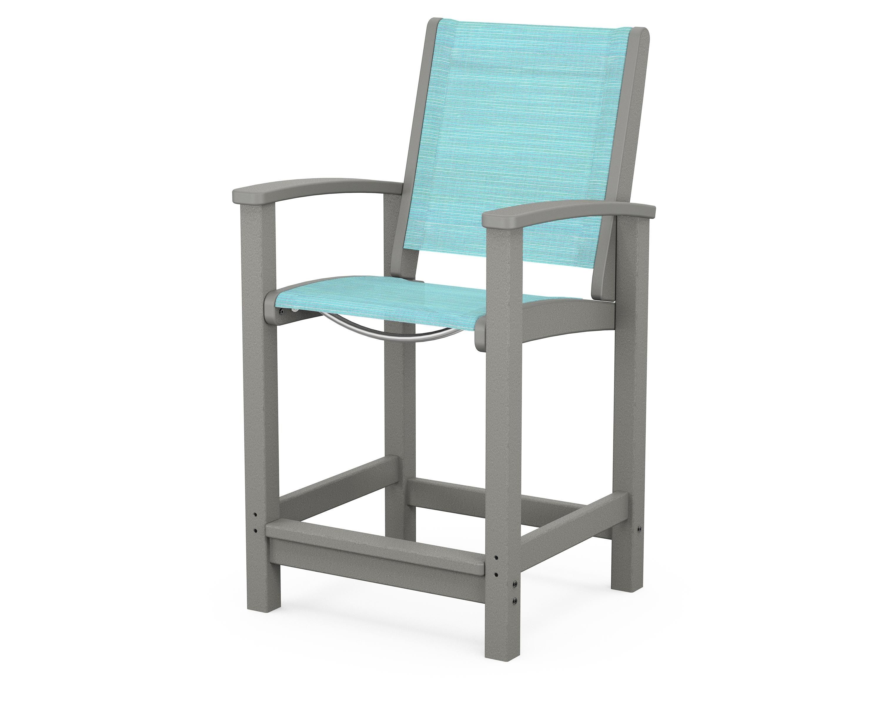 POLYWOOD® Coastal Counter Chair in Slate Grey / Dupioni Aquamarine Sling