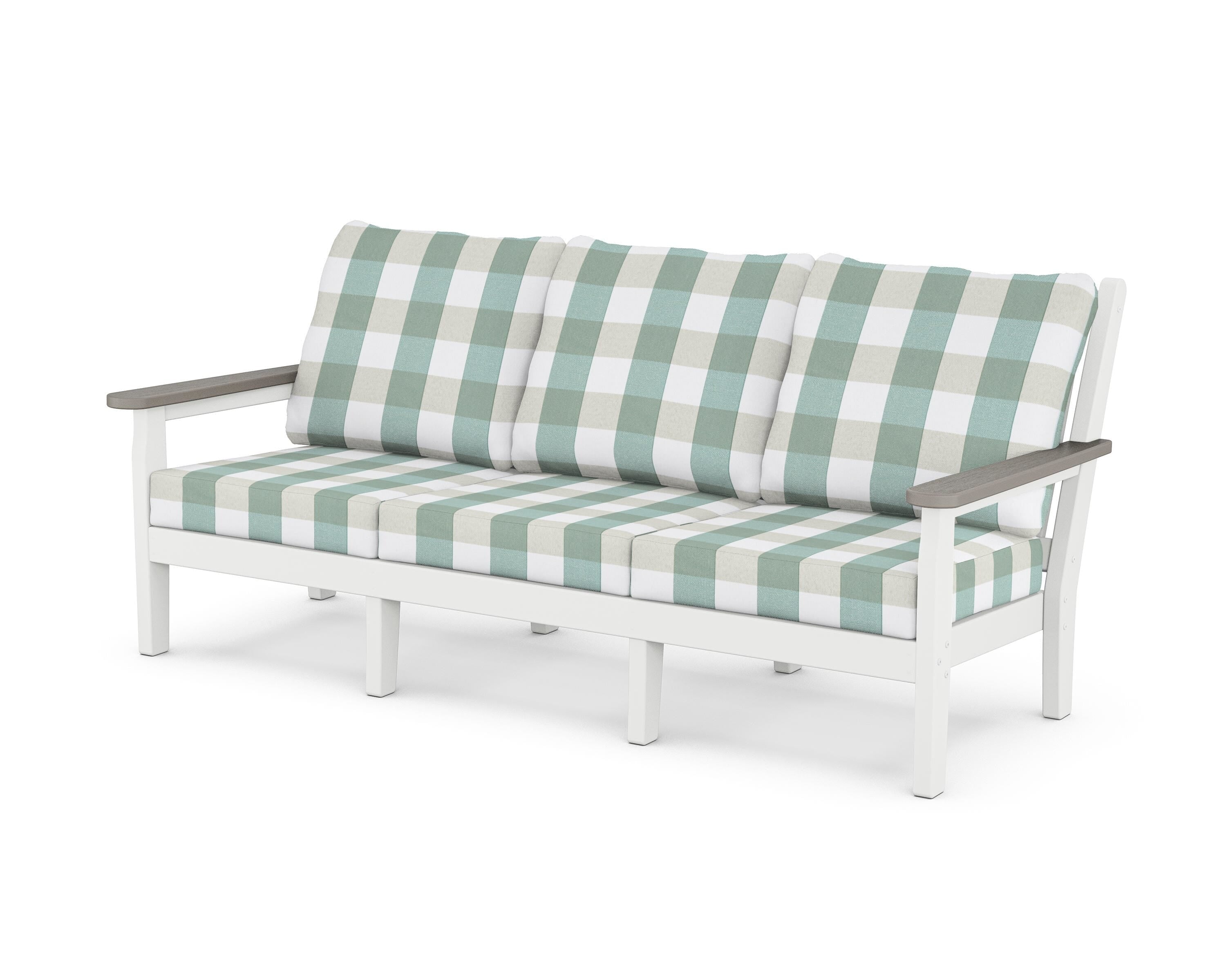 POLYWOOD® Chippendale Deep Seating Sofa in White / Driftwood / Buffalo Plaid Glacier Spa