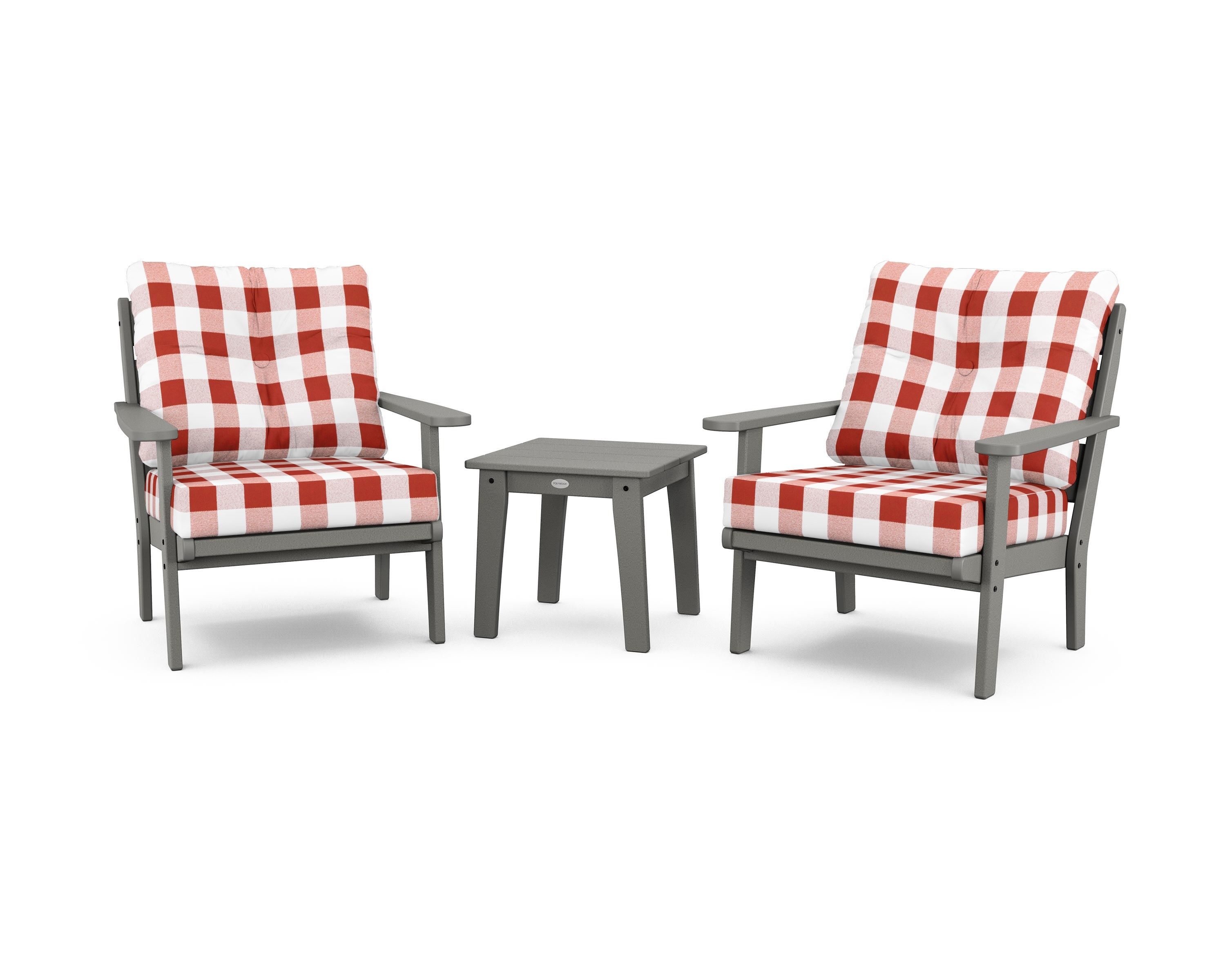 POLYWOOD® Lakeside 3-Piece Deep Seating Chair Set in Slate Grey / Buffalo Plaid Crimson