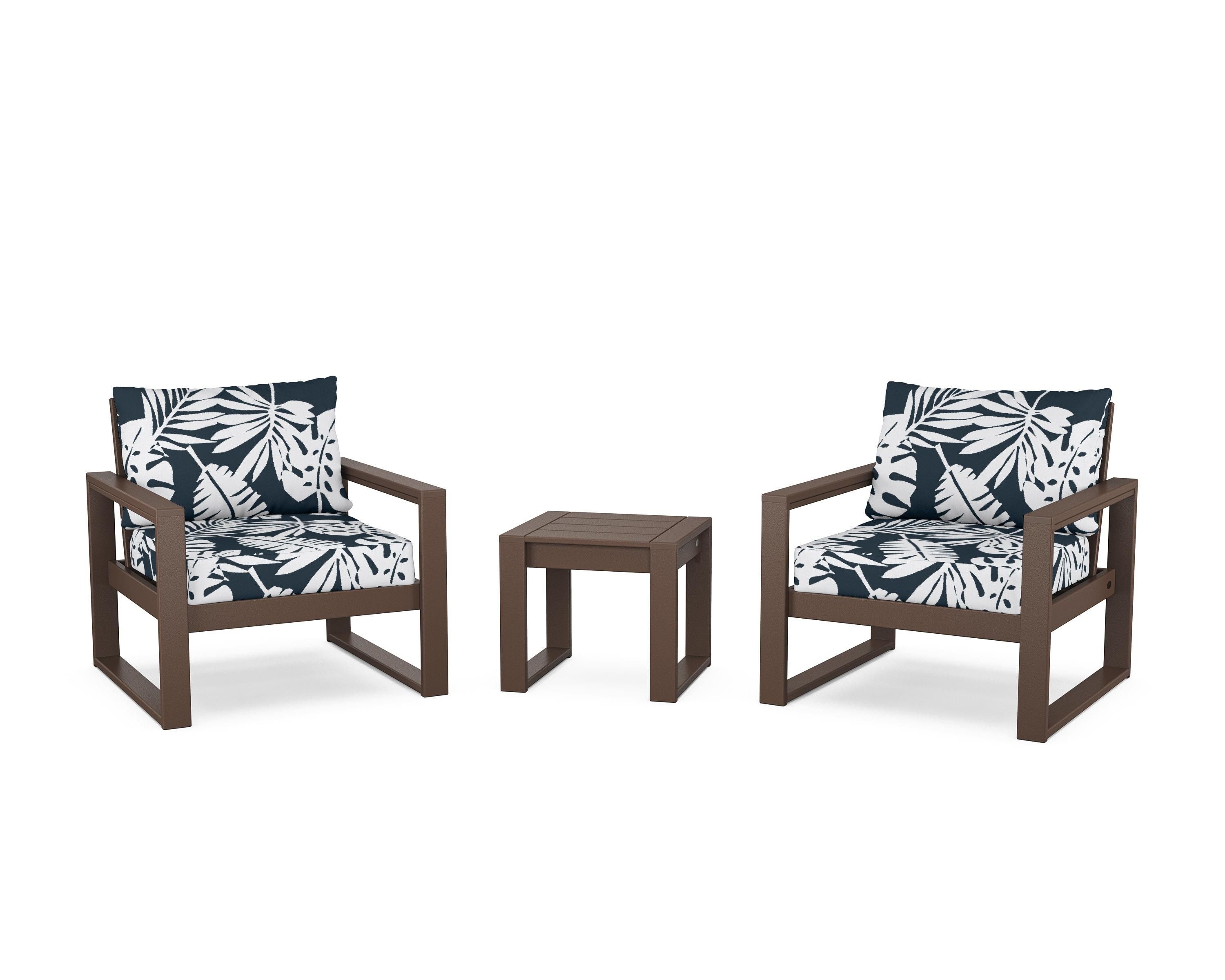 POLYWOOD® EDGE Sectional 3-Piece Deep Seating Set in Mahogany / Leaf Marine Indigo
