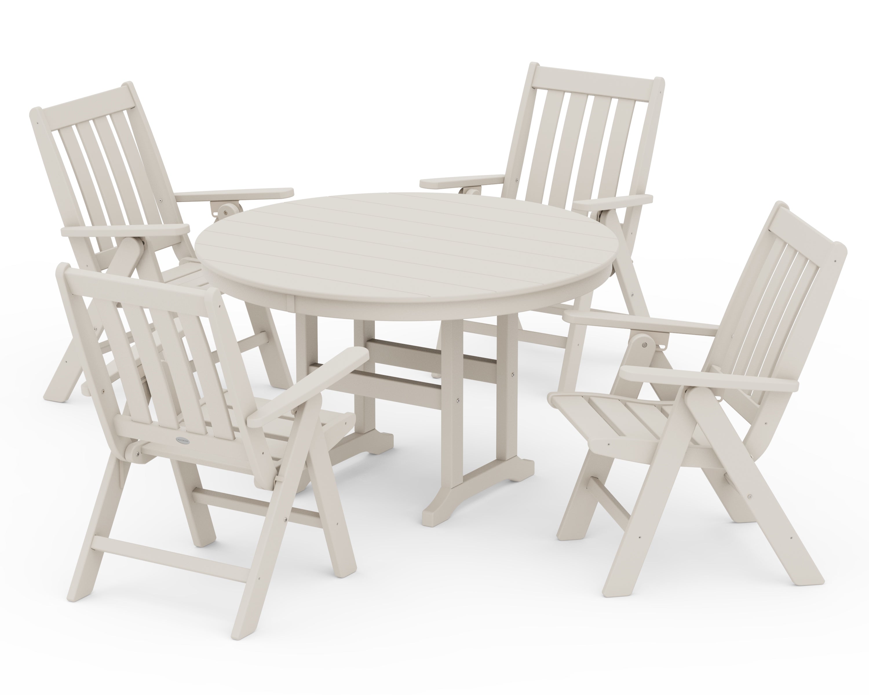 POLYWOOD® Vineyard Folding Chair 5-Piece Round Farmhouse Dining Set in Sand