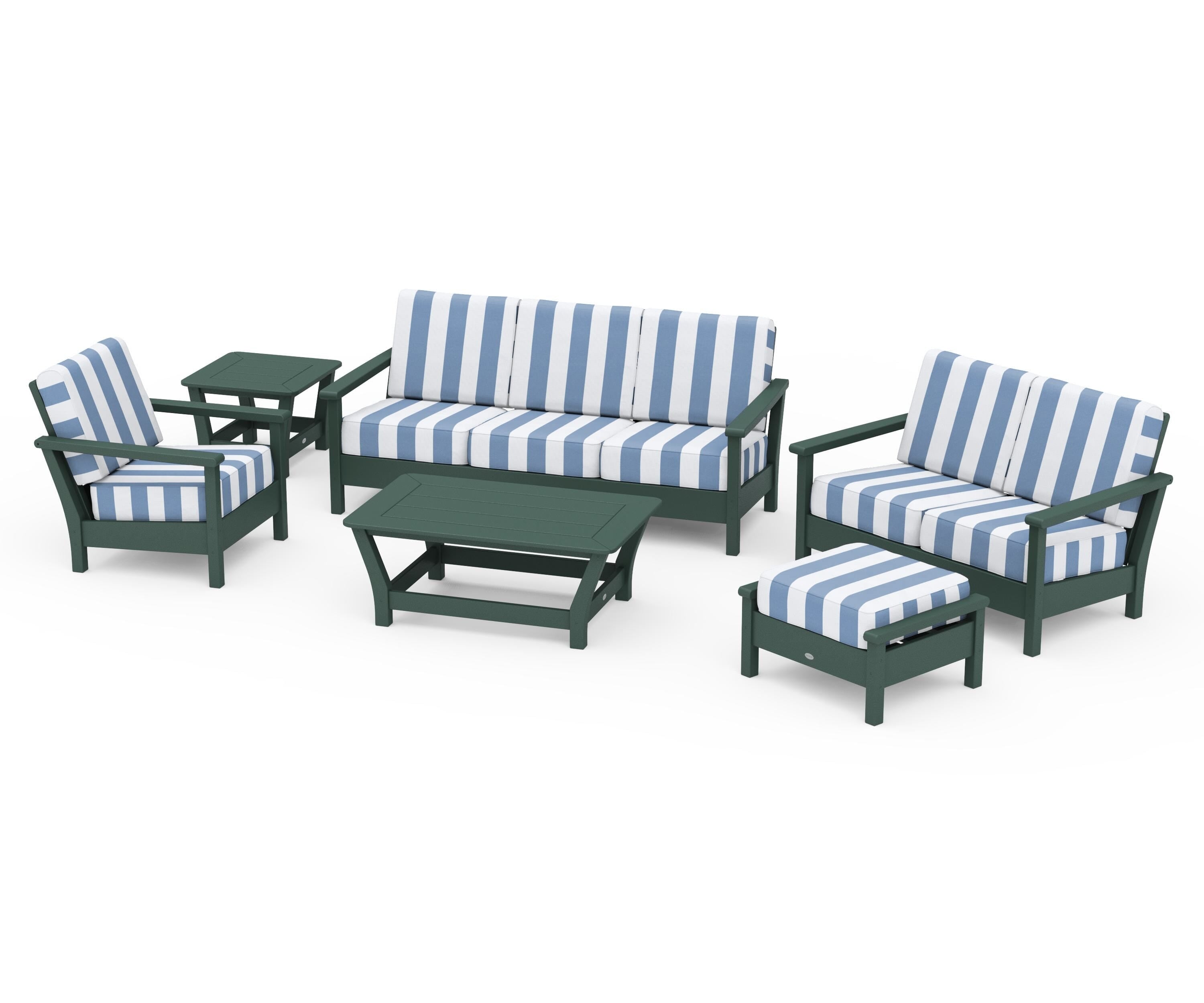 POLYWOOD® Harbour 6-Piece Outdoor Living Set in Green / Cabana Stripe Sky Blue