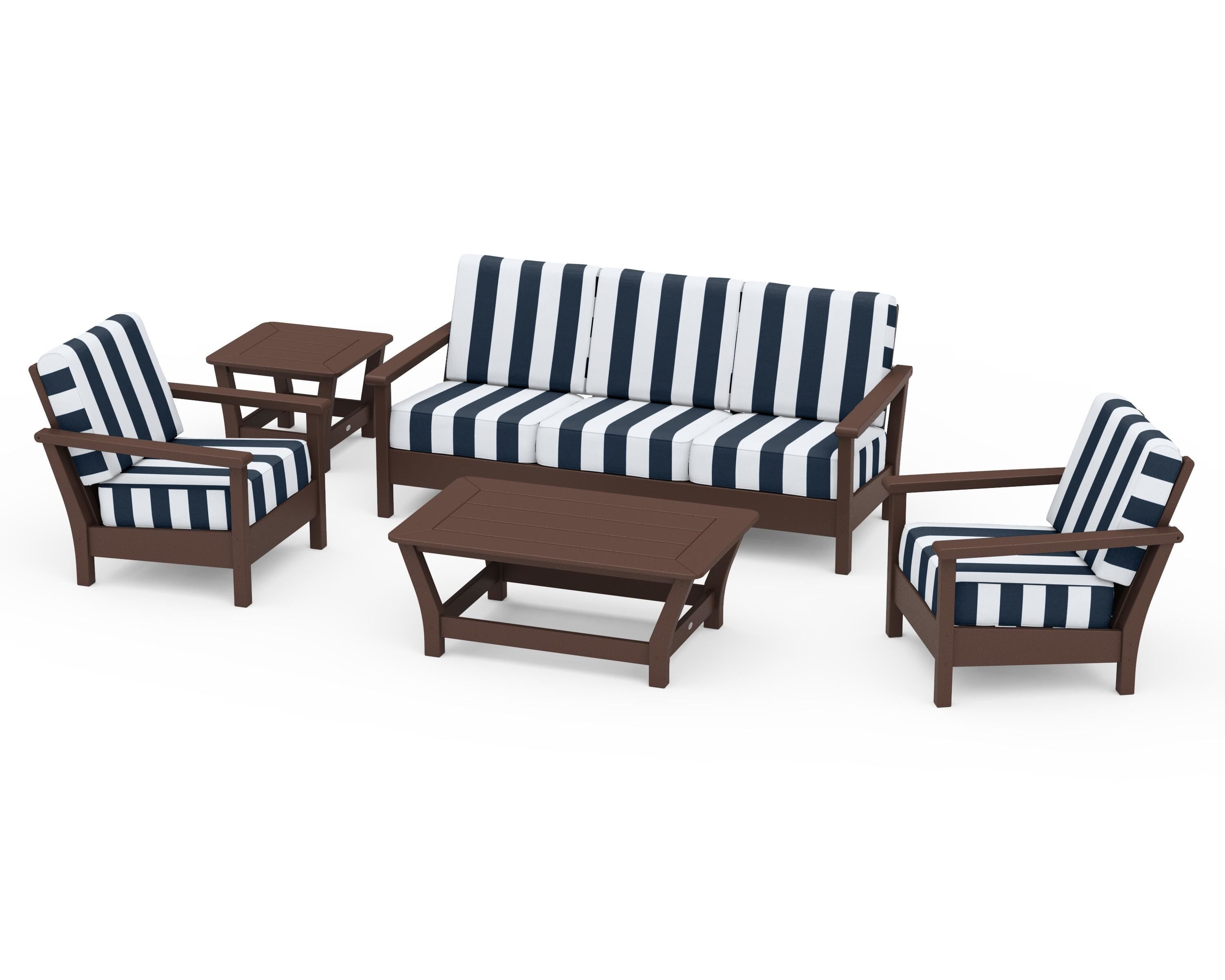 POLYWOOD® Harbour 5-Piece Deep Seating Set in Mahogany / Cabana Stripe Marine Indigo
