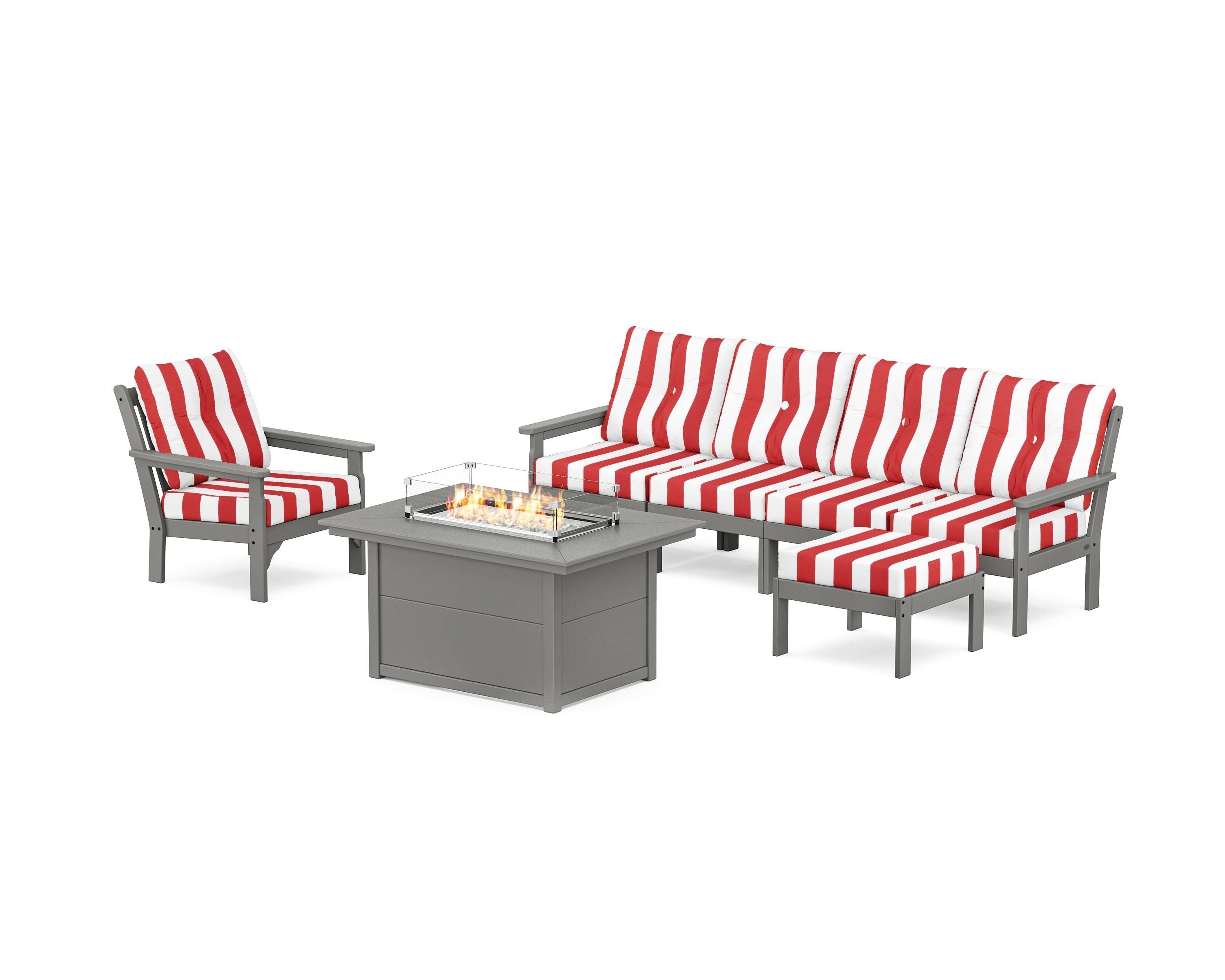 POLYWOOD® Vineyard Sectional Lounge and Fire Pit Set in Slate Grey / Cabana Stripe Crimson