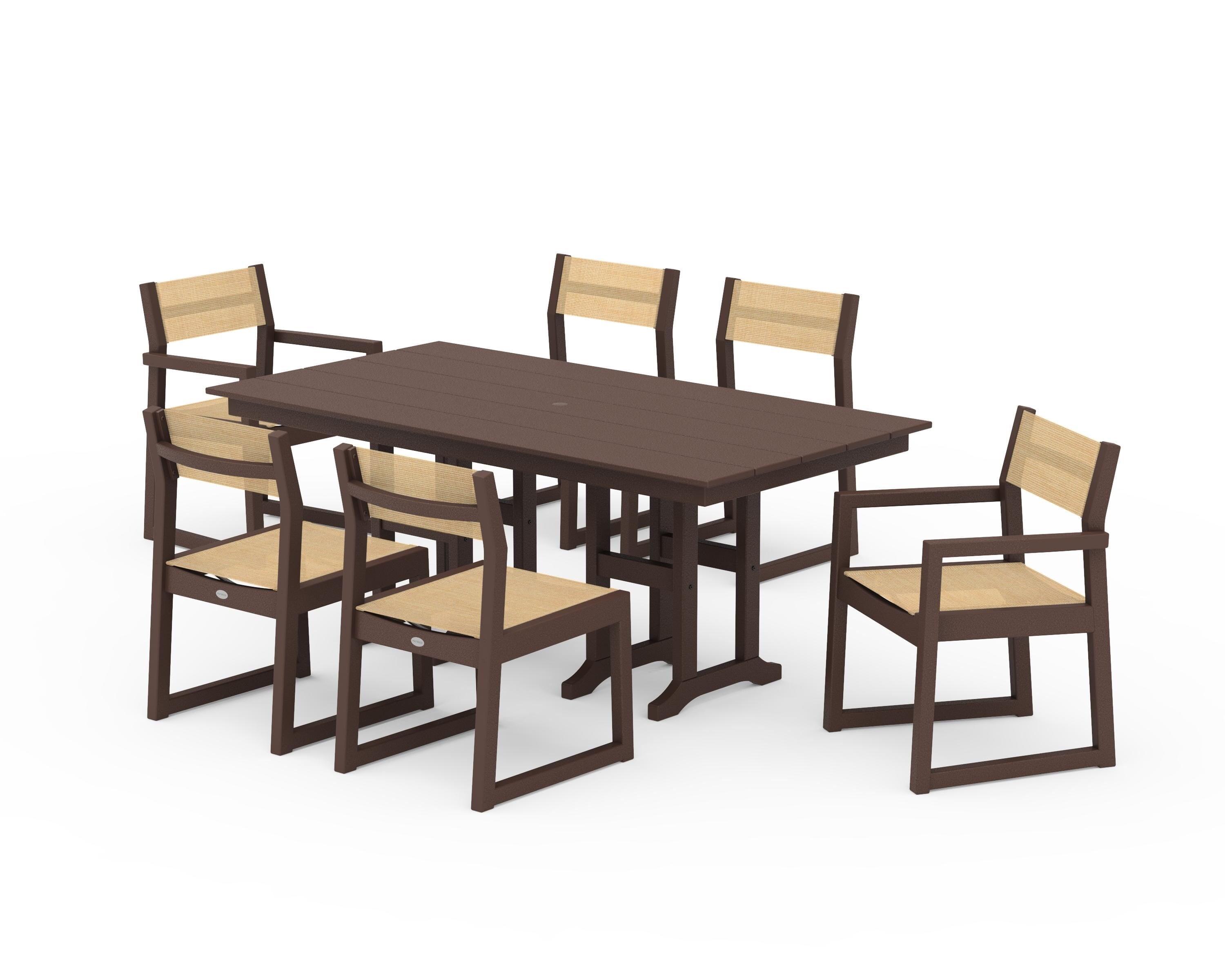 POLYWOOD® EDGE Sling 7-Piece Farmhouse Dining Set in Mahogany / Dupioni Apricot Sling