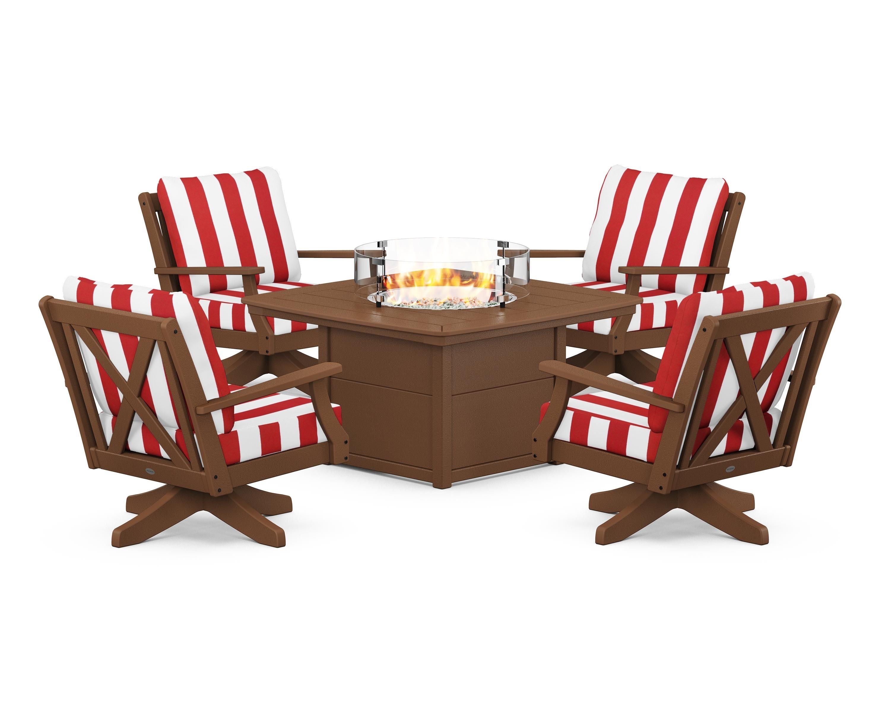 POLYWOOD® Braxton 5-Piece Deep Seating Swivel Conversation Set with Fire Pit Table in Teak / Cabana Stripe Crimson