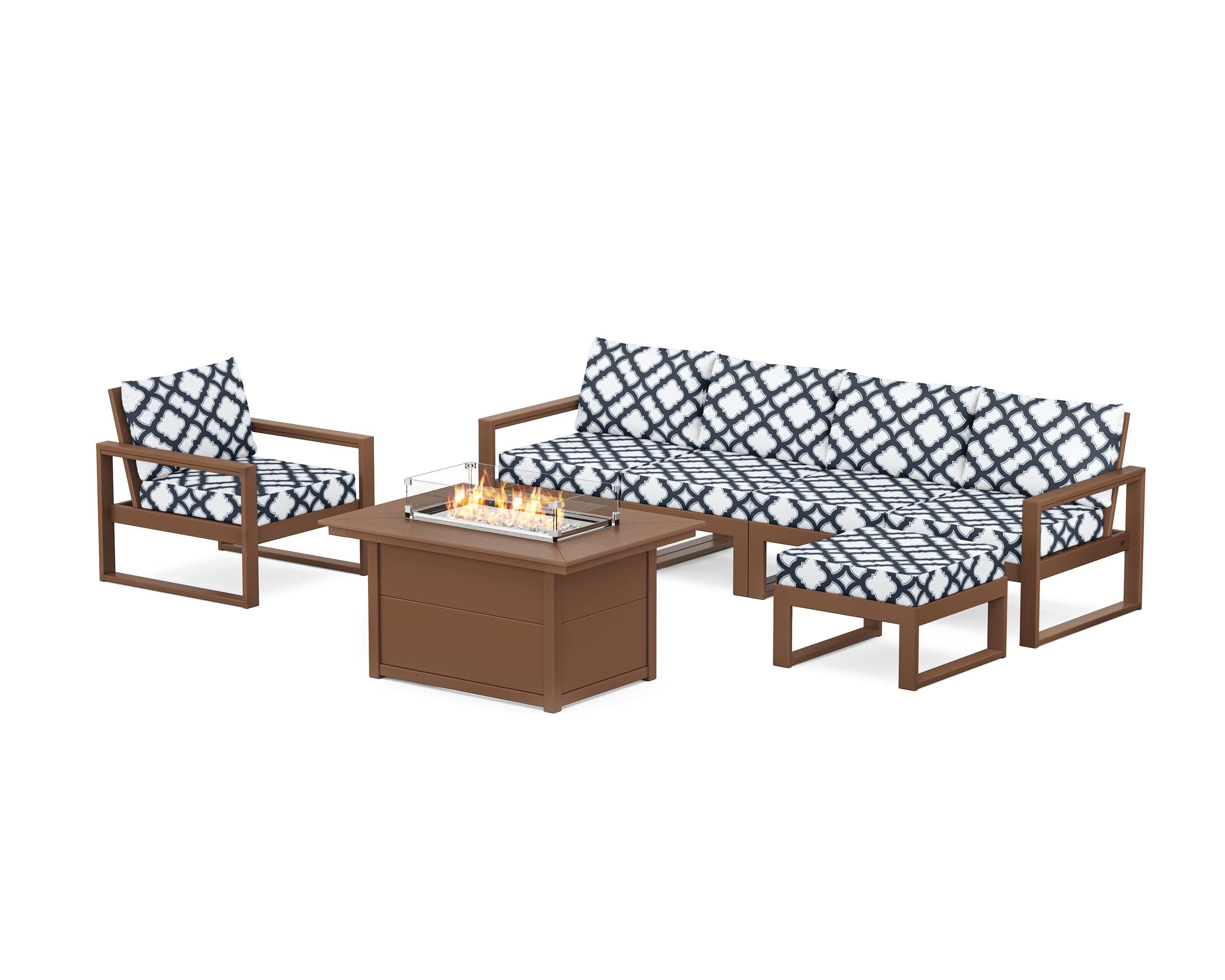 POLYWOOD® EDGE Sectional Lounge and Fire Pit Set in Teak / Trellis Marine Indigo