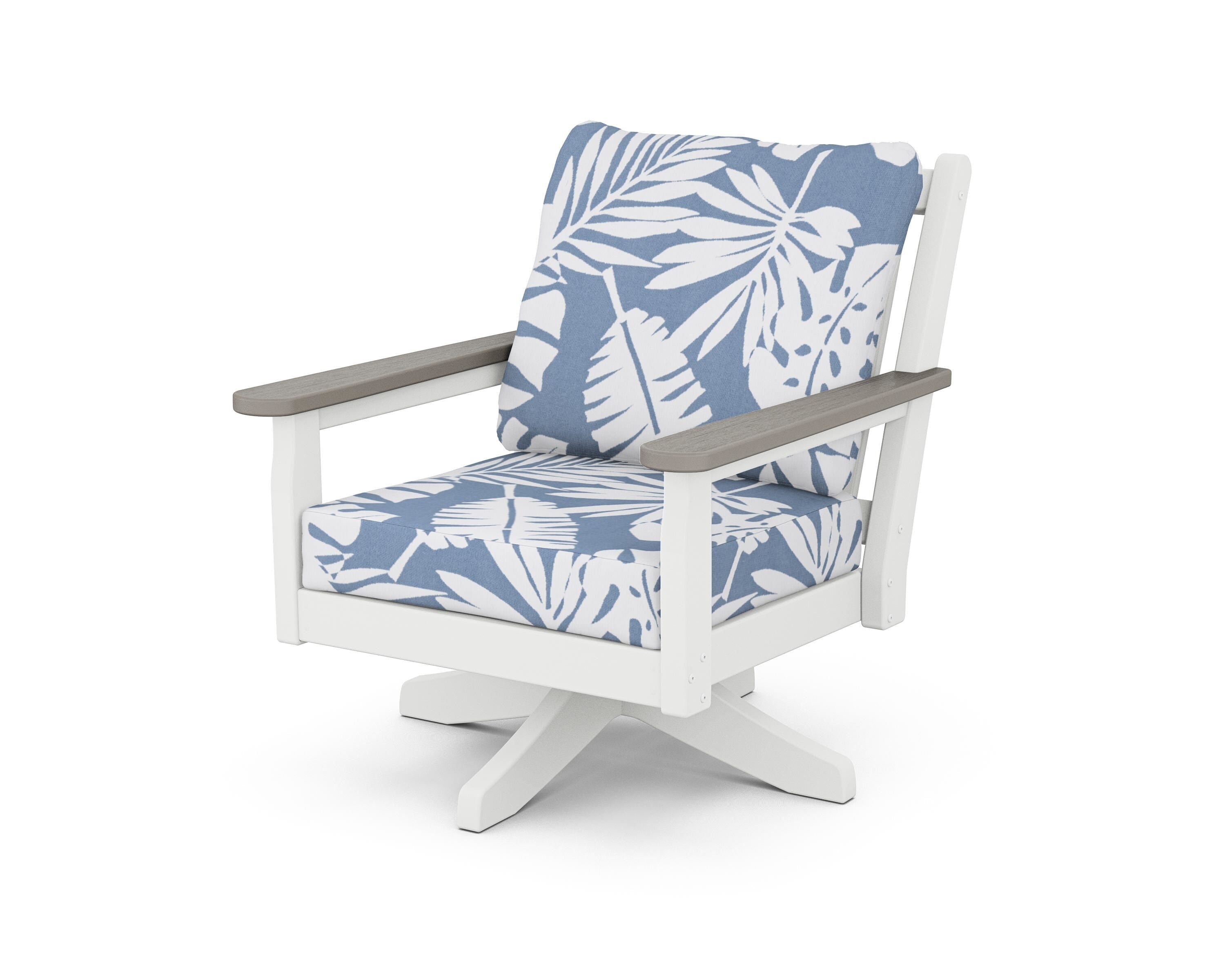 POLYWOOD® Chippendale Deep Seating Swivel Chair in White / Driftwood / Leaf Sky Blue