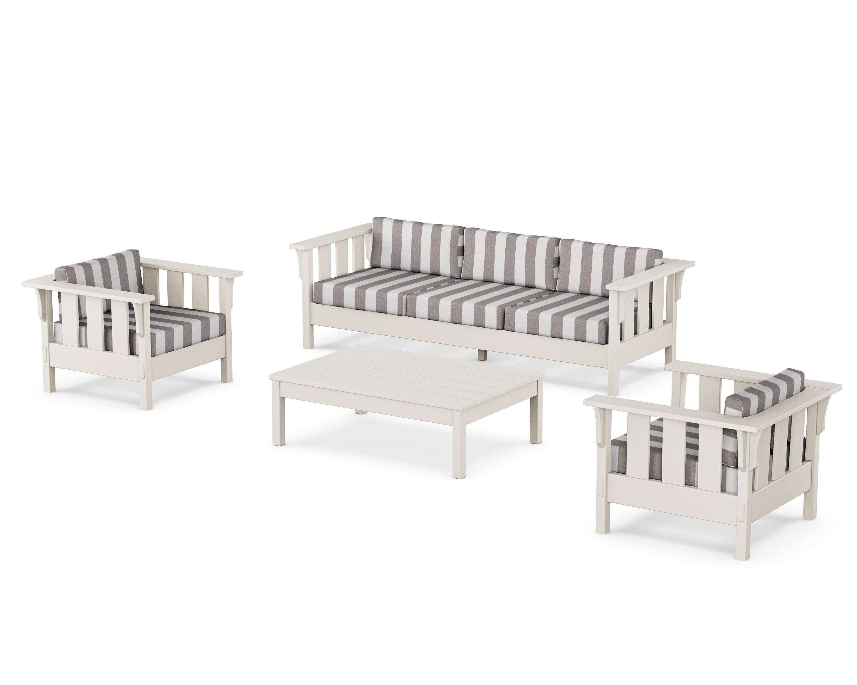 Martha Stewart by POLYWOOD® Acadia 4-Piece Deep Seating Set with Sofa in Sand / Cabana Stripe Grey Mist