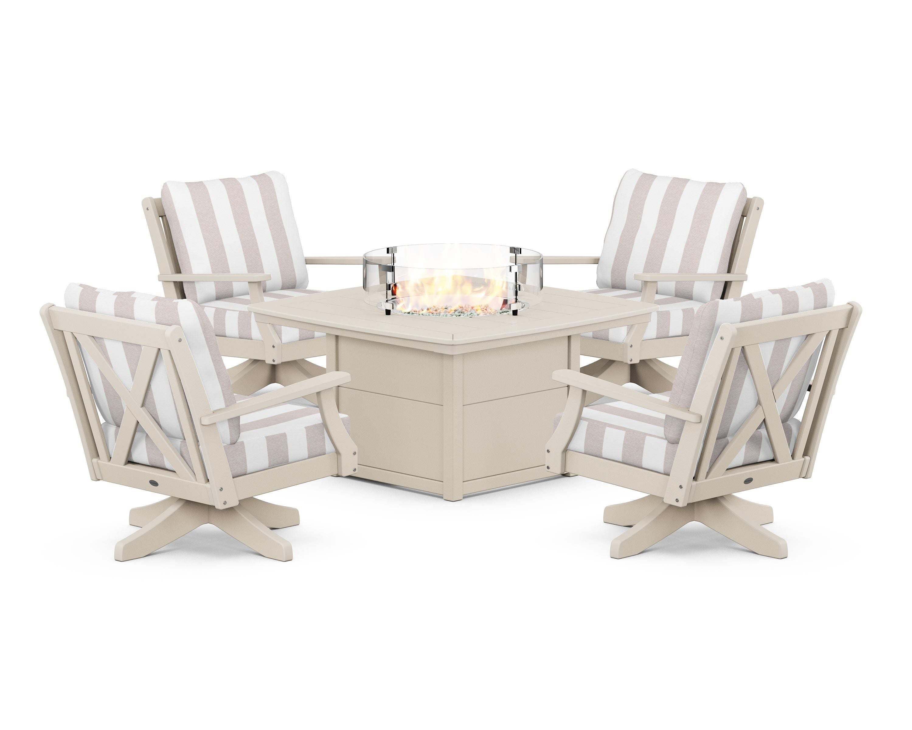 POLYWOOD® Braxton 5-Piece Deep Seating Swivel Conversation Set with Fire Pit Table in Sand / Cabana Stripe Dune Burlap