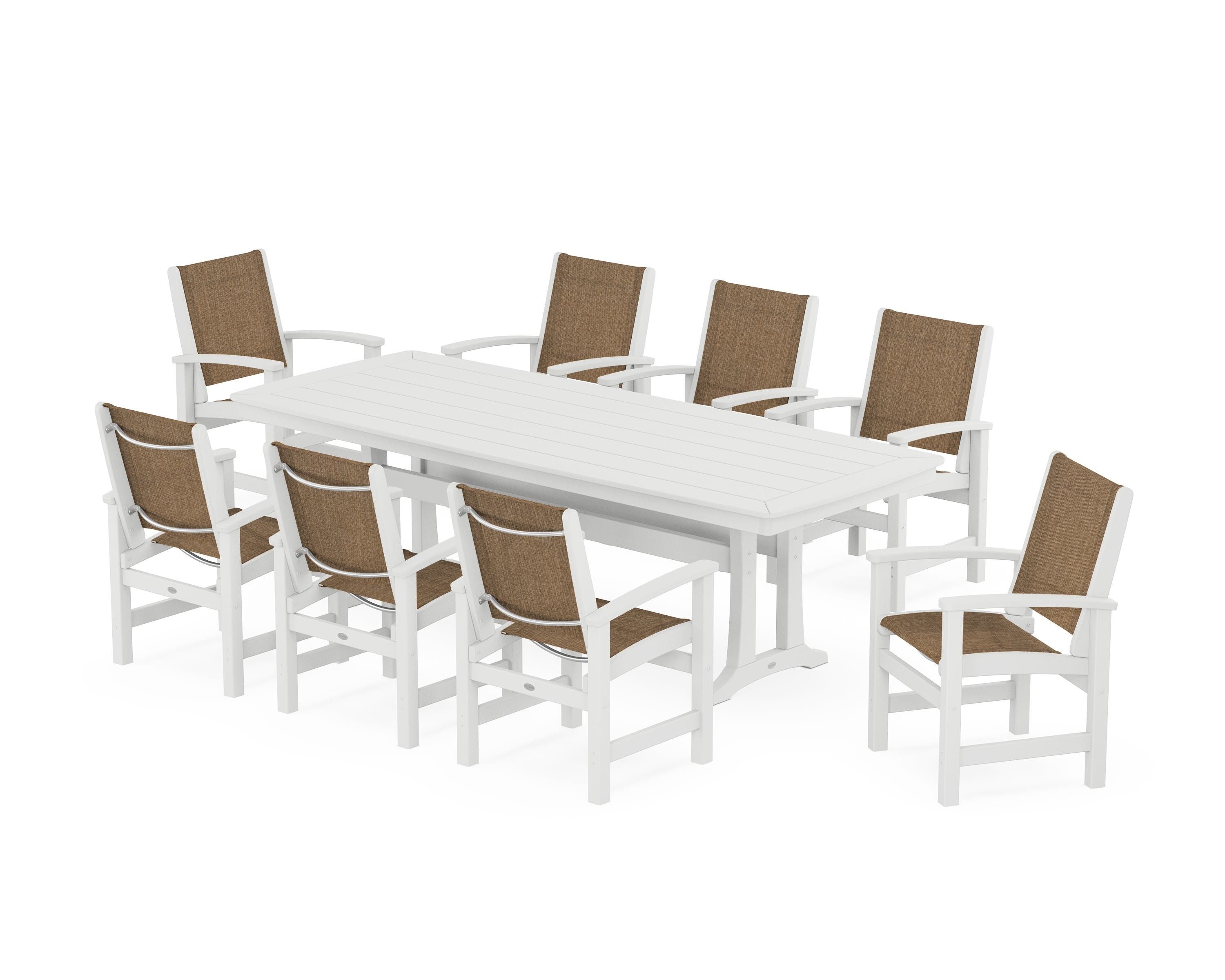POLYWOOD® Coastal 9-Piece Dining Set with Trestle Legs in White / Burlap Sling