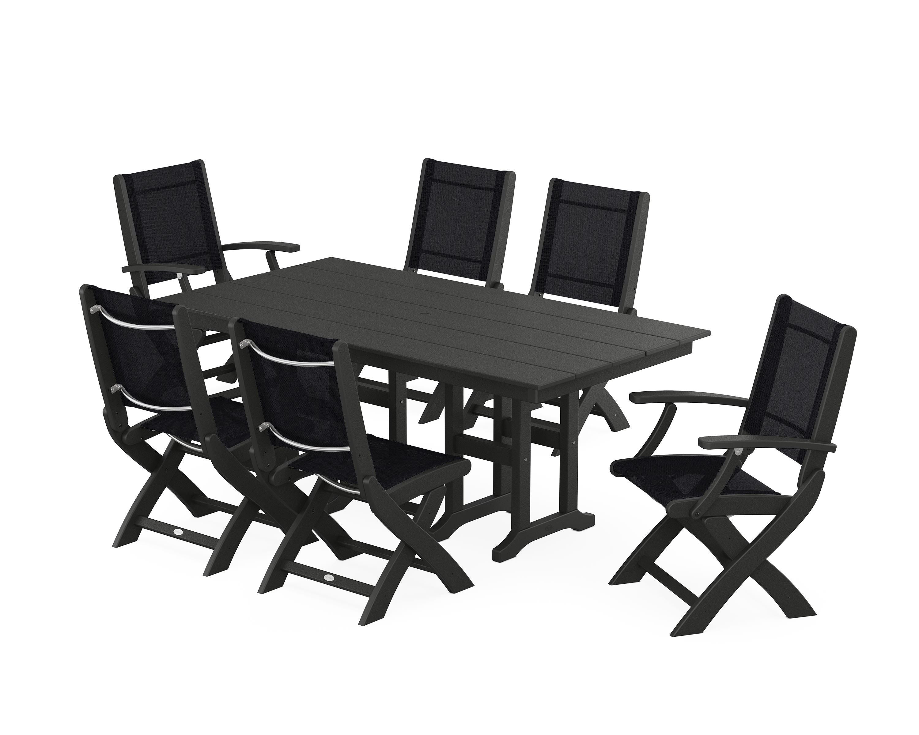 POLYWOOD® Coastal Folding Chair 7-Piece Farmhouse Dining Set in Black / Black Sling